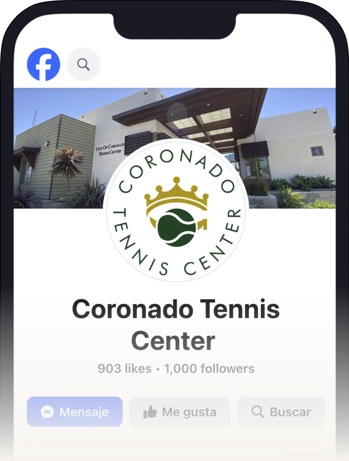 A phone screen with Coronado Tennis Pro Shop's Facebook page.
