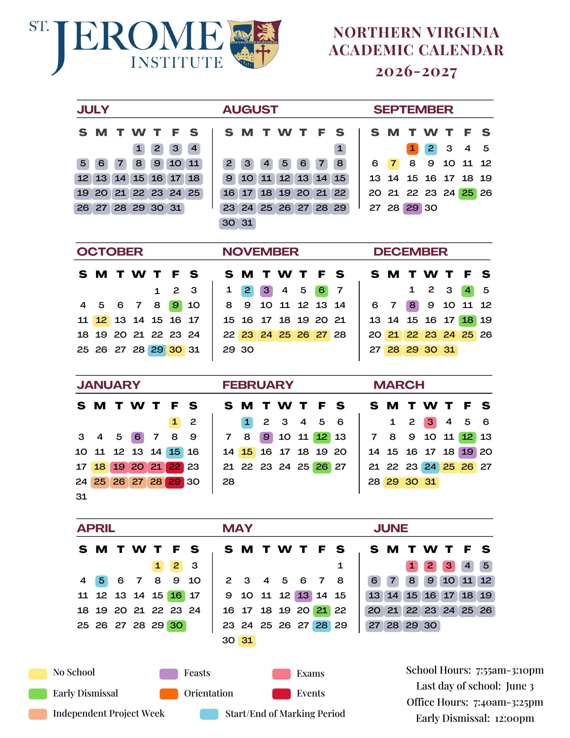 SJI Northern Virginia academic calendar for the 2026-2027 school year