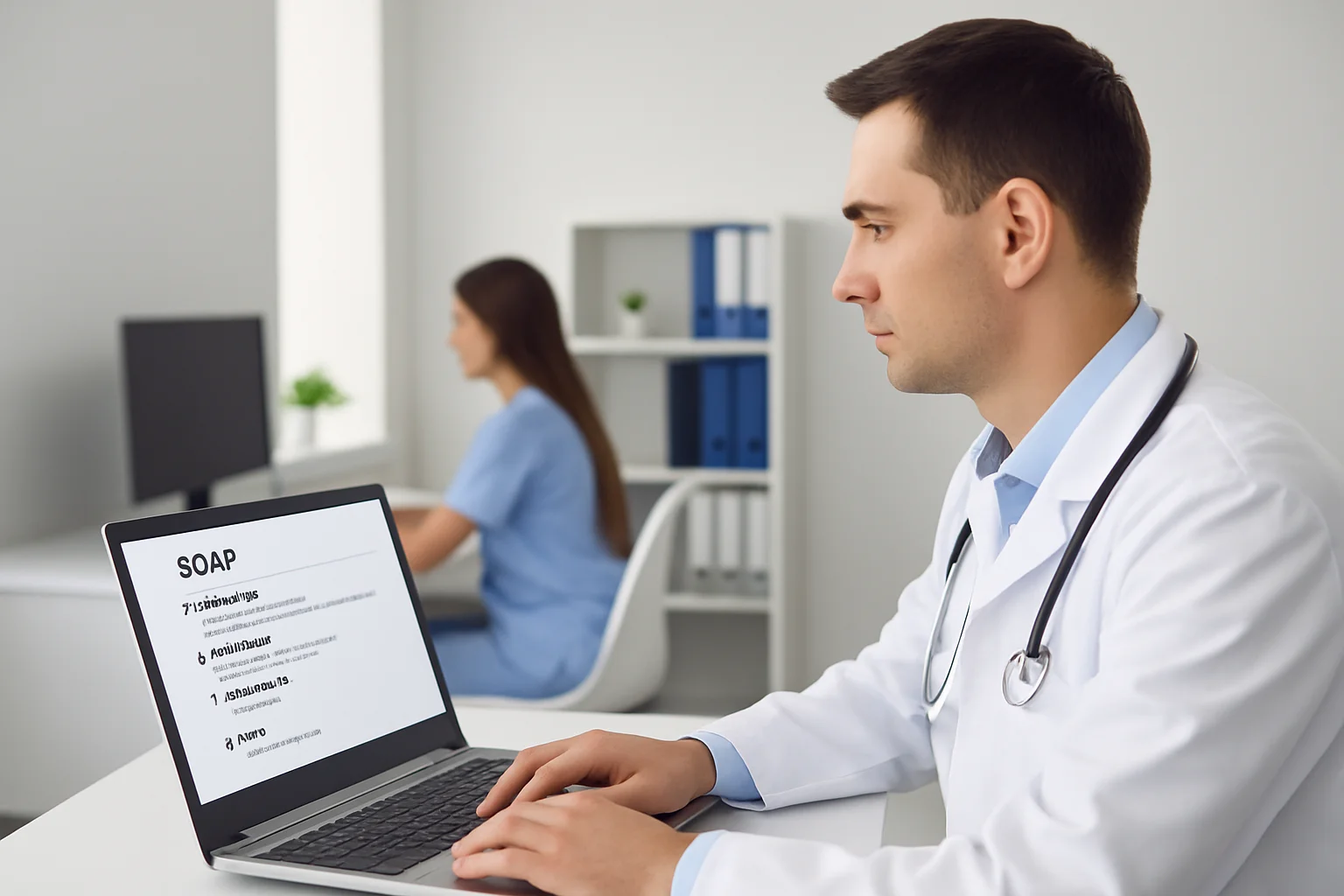 Clinician reviewing a SOAP note template and clinical documentation on a laptop