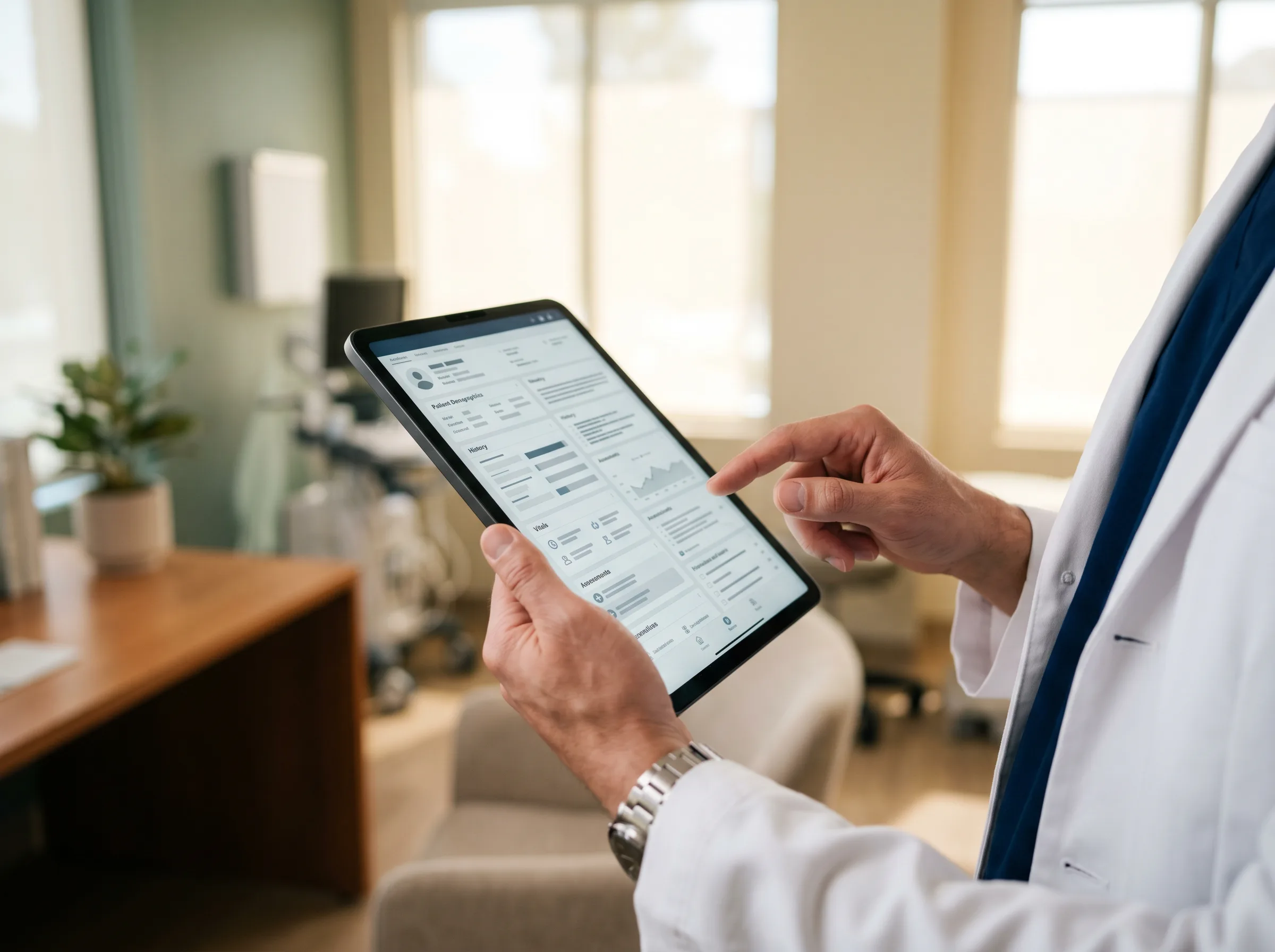 Clinician reviewing a SOAP note template and structured clinical documentation on a laptop
