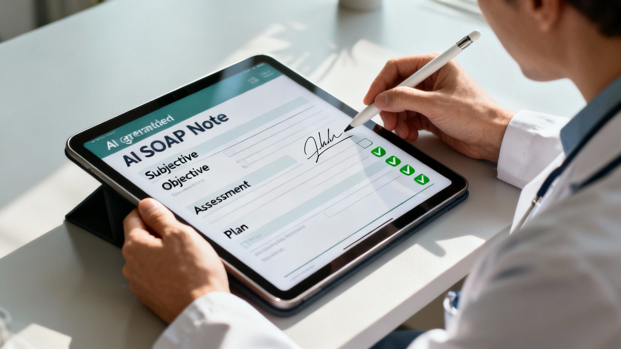 Clinician reviewing an AI-generated SOAP note on a laptop during clinical documentation