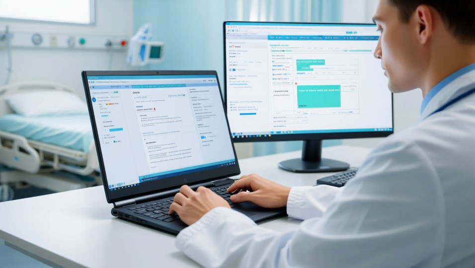 Clinician reviewing AI-generated medical notes on a laptop before choosing a free AI medical scribe