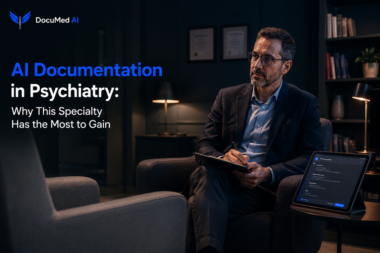 DocuMed AI title card on AI documentation in psychiatry and behavioral health