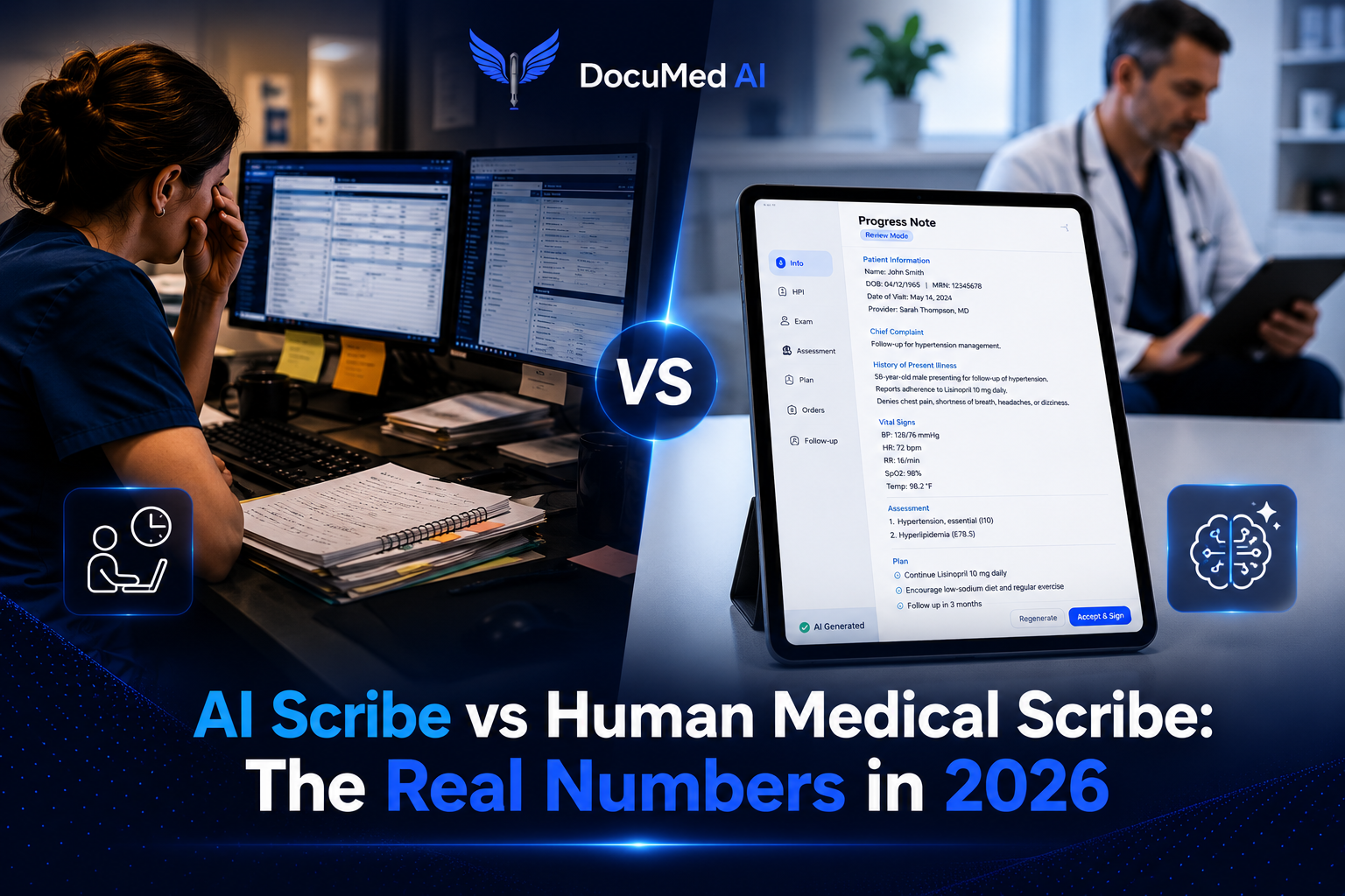 DocuMed AI title card comparing AI medical scribe and human medical scribe costs in 2026