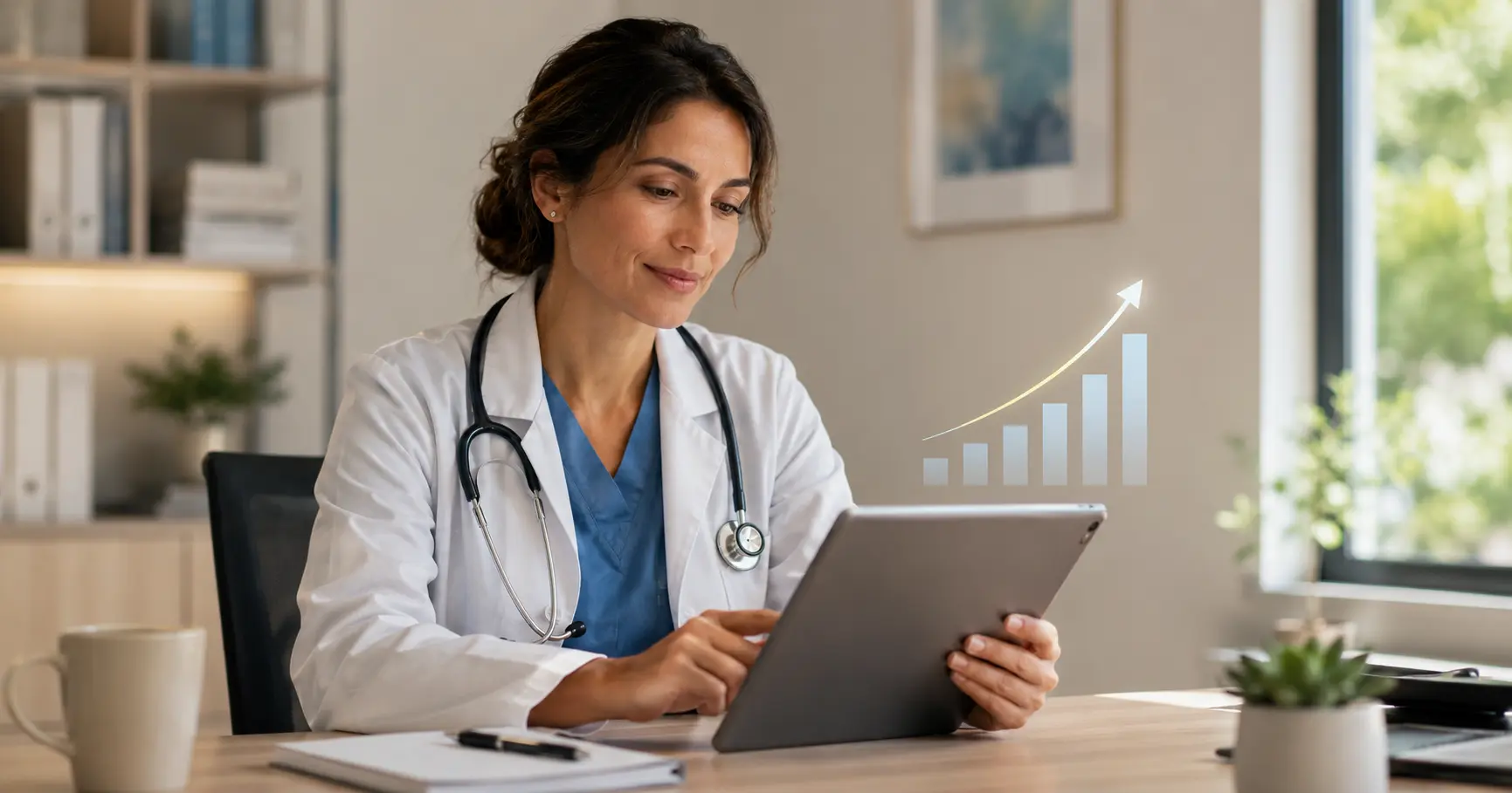 Clinician reviewing an AI scribe note on a tablet beside a chart showing hours saved and added visits