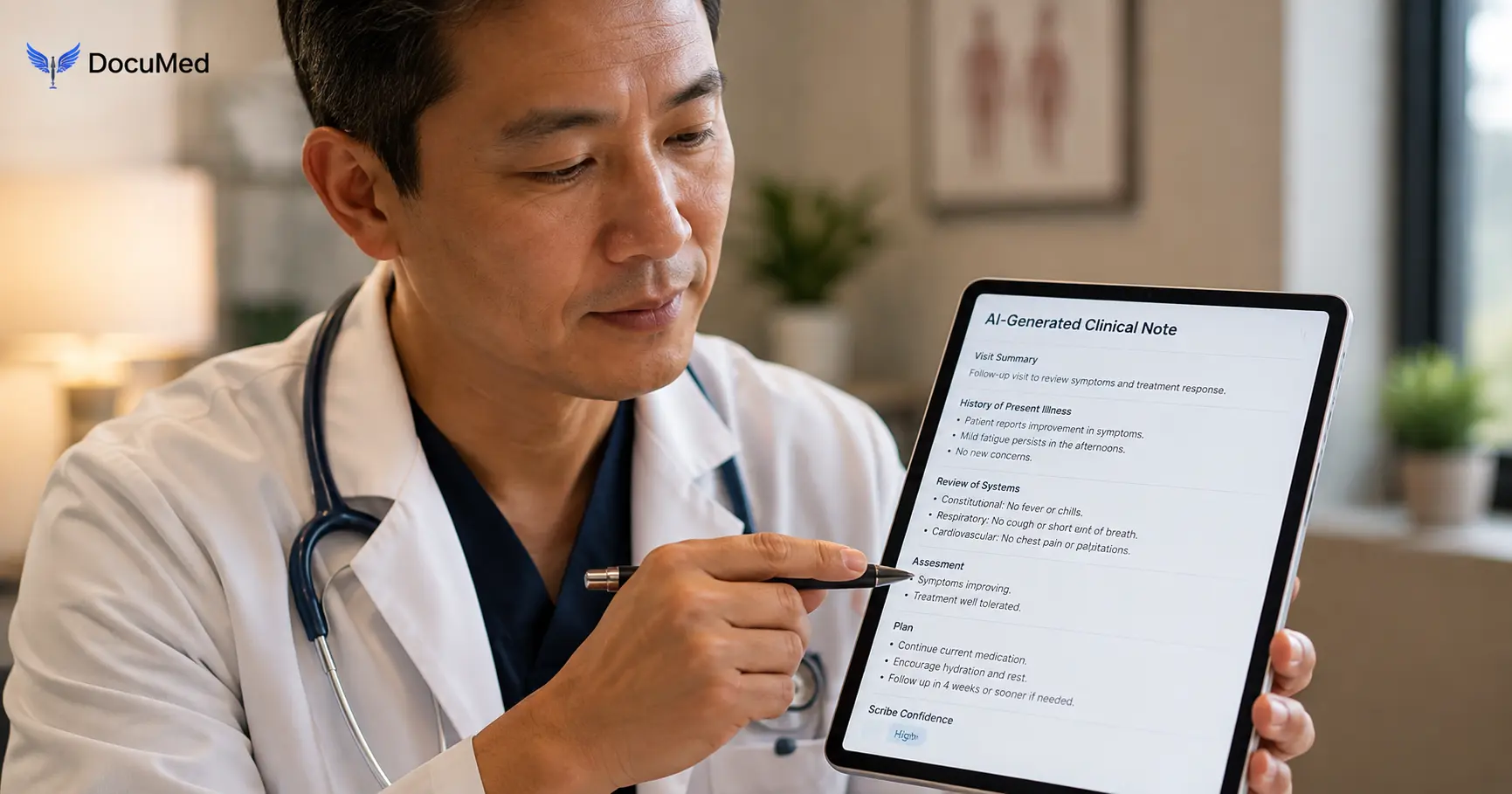 Physician reviewing an AI-generated clinical note on a tablet, checking it for accuracy before adding it to the EHR