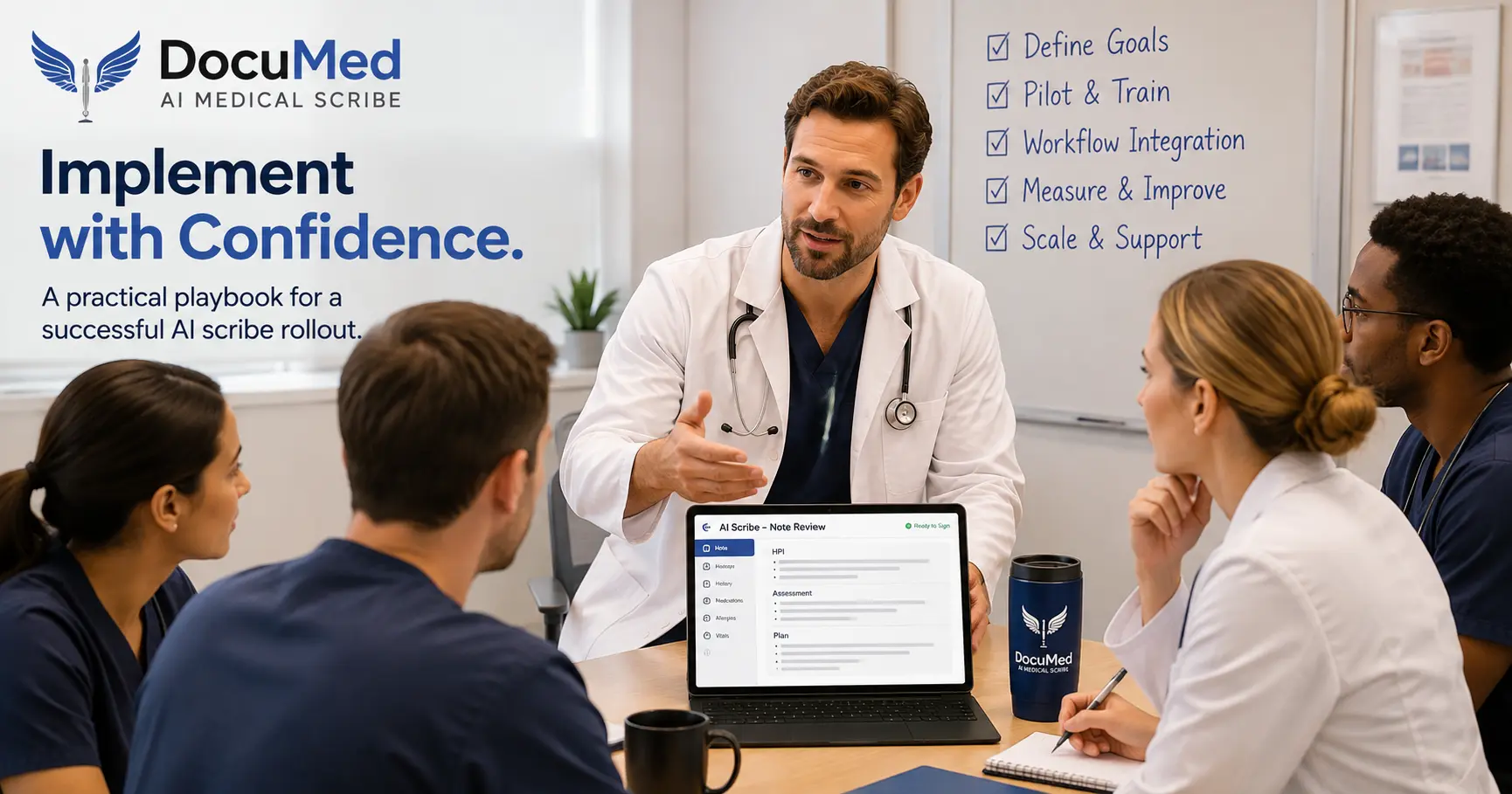 Physician champion leading a small clinical team through an AI medical scribe pilot rollout meeting in a clinic office.