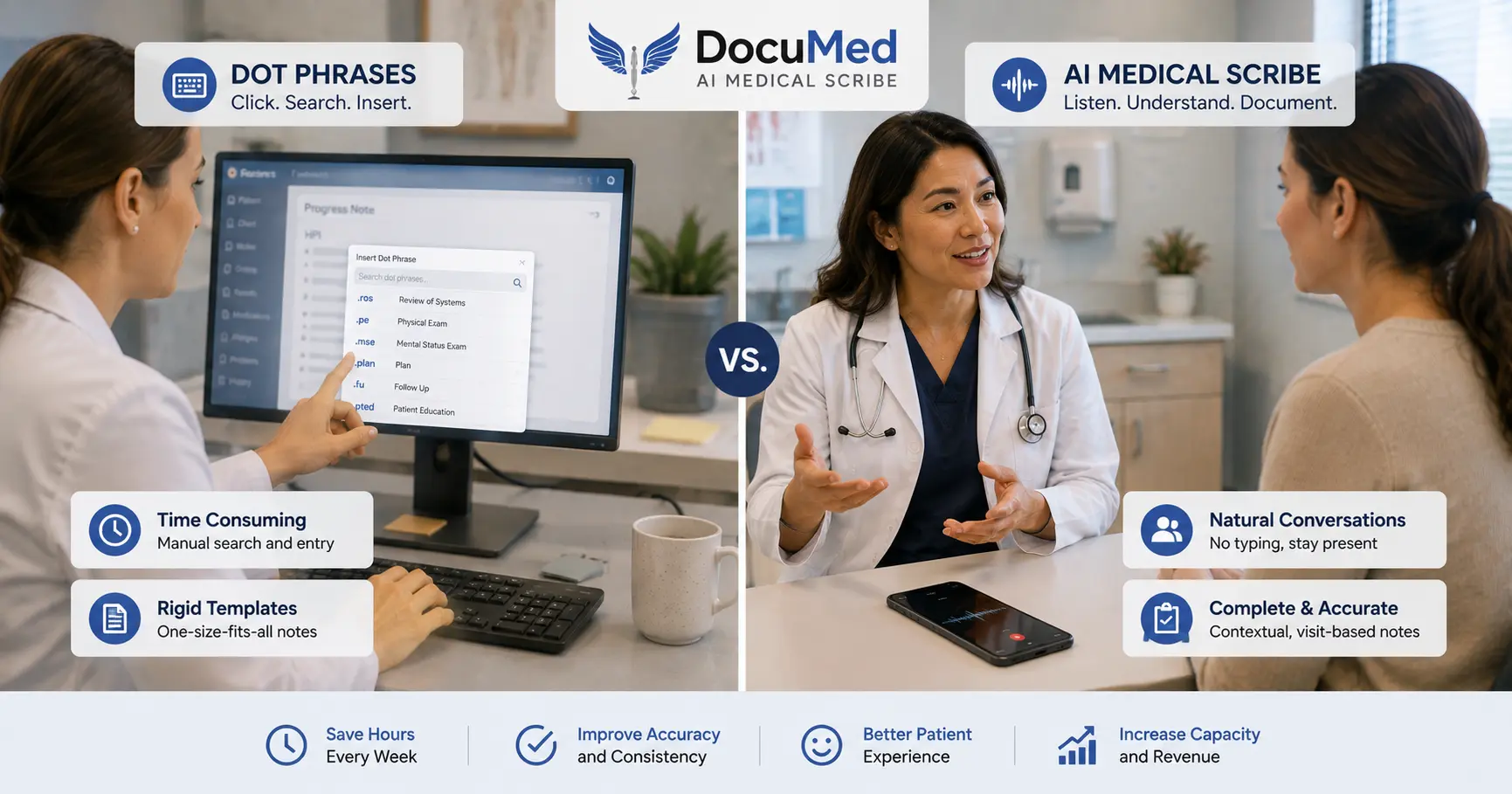 Split screen of a clinician using a dot phrase template beside a clinician using an ambient AI scribe