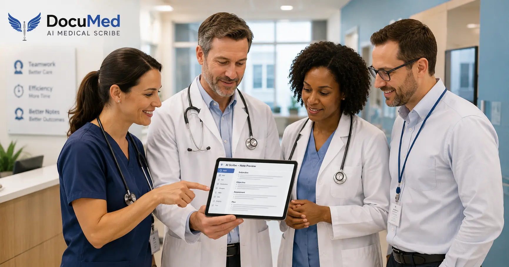 Physicians and clinicians in a group practice reviewing a shared AI scribe note template together in a clinic.
