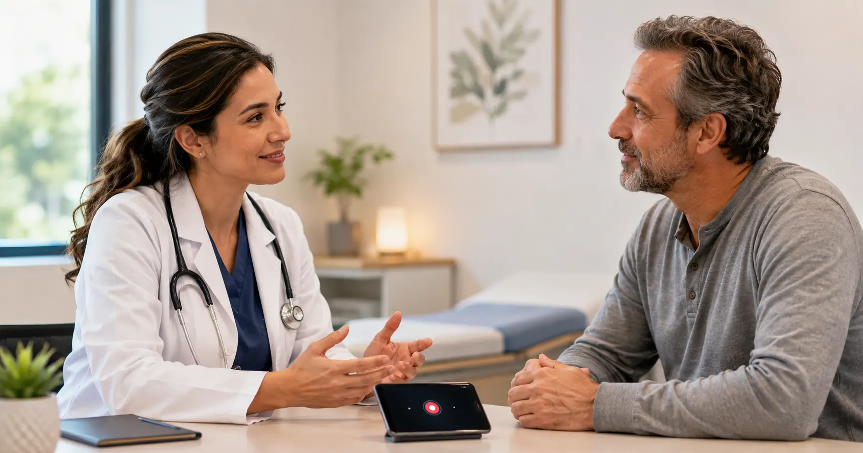 Physician speaking with a patient while a smartphone AI scribe app records the visit on the exam room desk