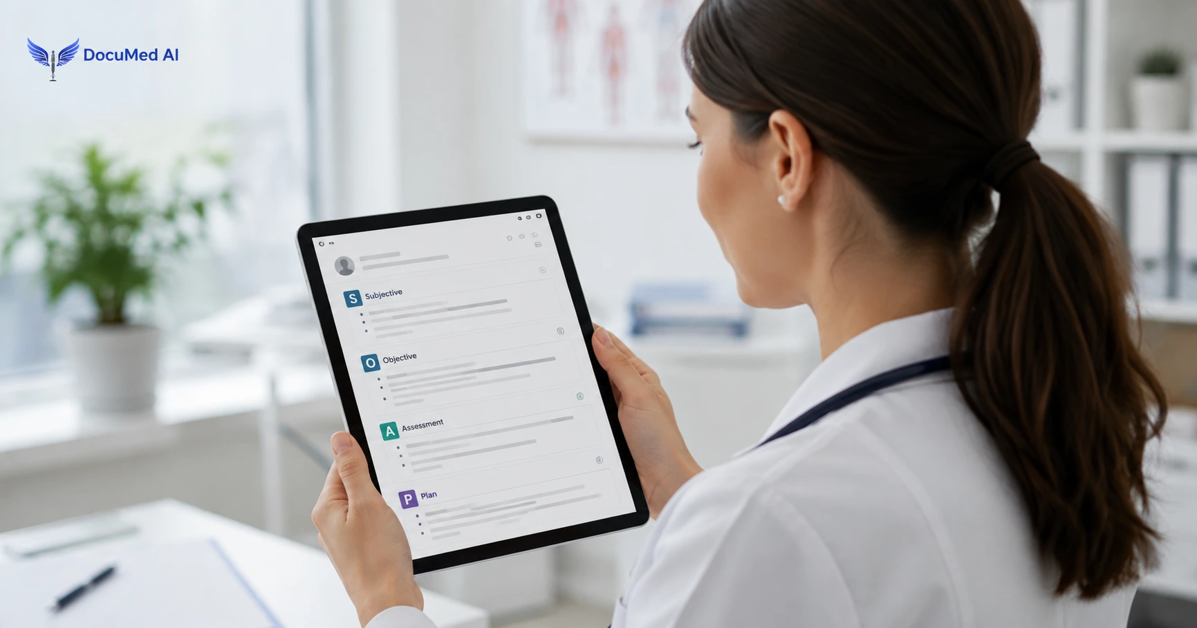 Clinician reviewing a structured progress note on a tablet after a patient follow-up visit