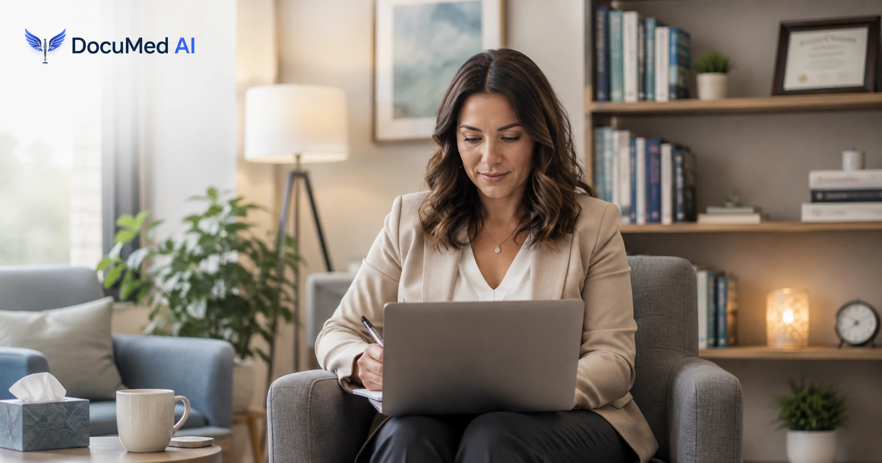 Behavioral health clinician writing a structured BIRP progress note at a desk