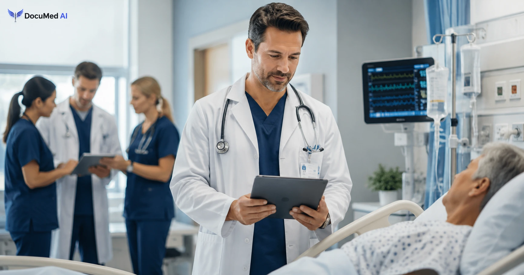 Hospitalist reviewing an AI-drafted progress note on a tablet at a patient's bedside during inpatient rounds