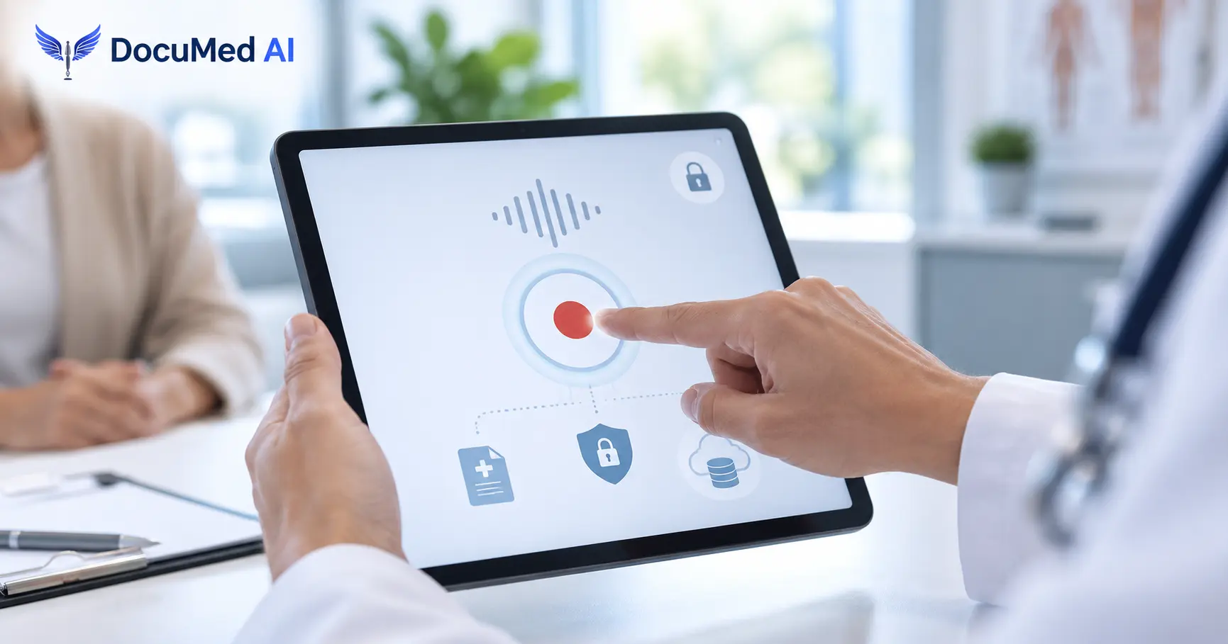 Clinician pressing record on a tablet at the start of a patient visit, with a lock icon symbolizing encrypted audio capture
