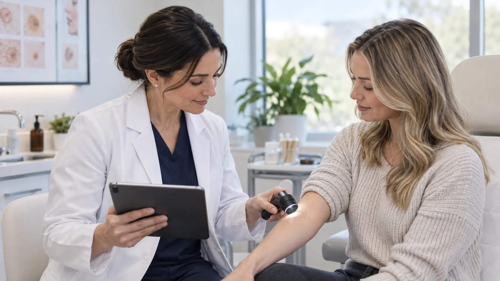 Dermatologist reviewing an AI-drafted skin exam note on a tablet in a clinic