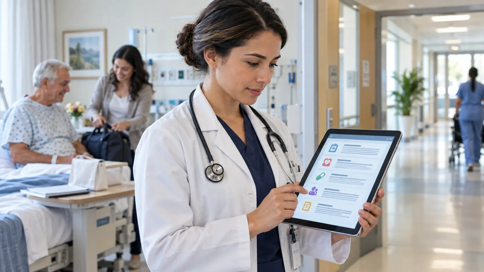 Hospitalist reviewing an AI-drafted discharge summary on a tablet before a patient leaves the hospital