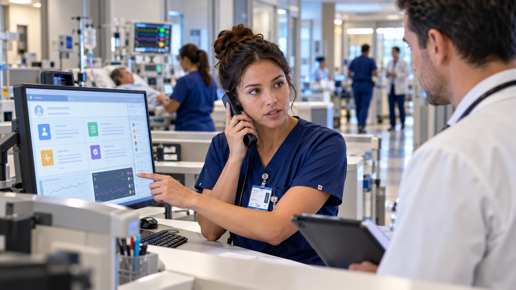 Nurse using an SBAR handoff format to call a physician about a patient at a hospital nursing station