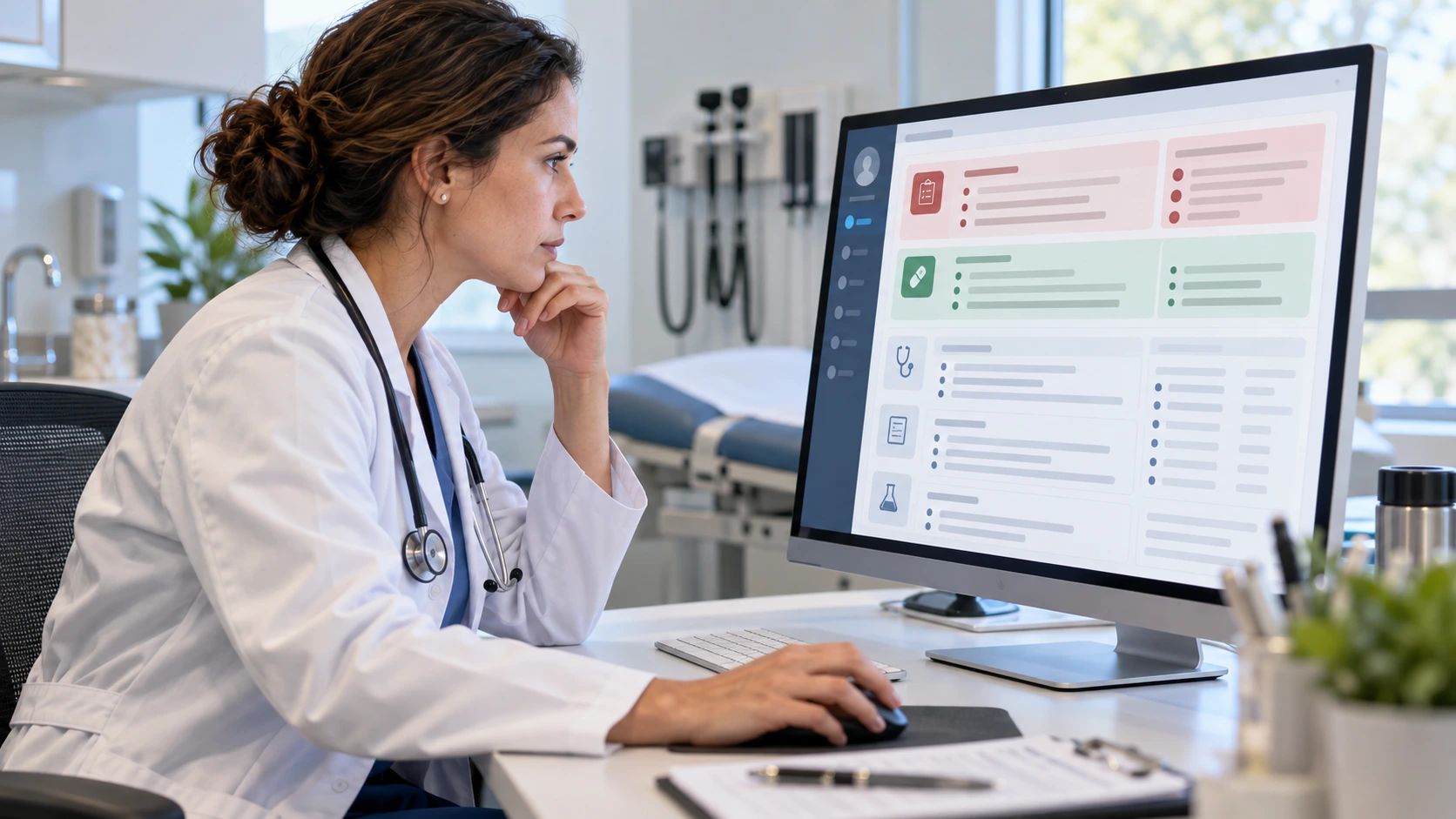 Physician quickly reviewing an APSO-formatted progress note with the assessment and plan at the top on a monitor