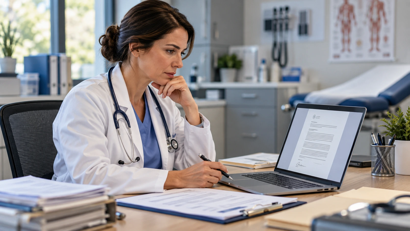 Physician reviewing a drafted letter of medical necessity before signing it at a clinic desk