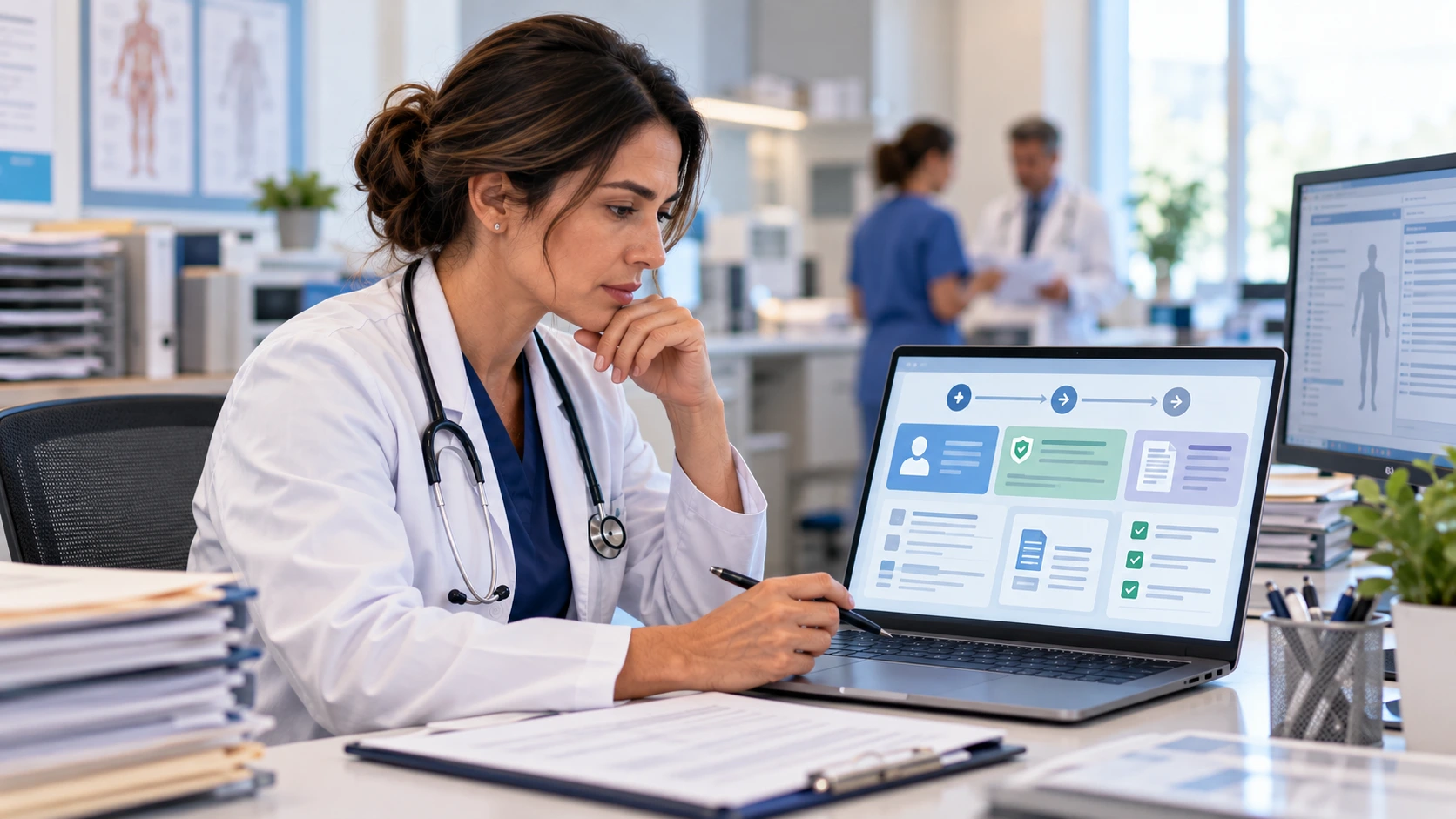 Clinician preparing prior authorization documentation for a payer on a laptop in a medical office