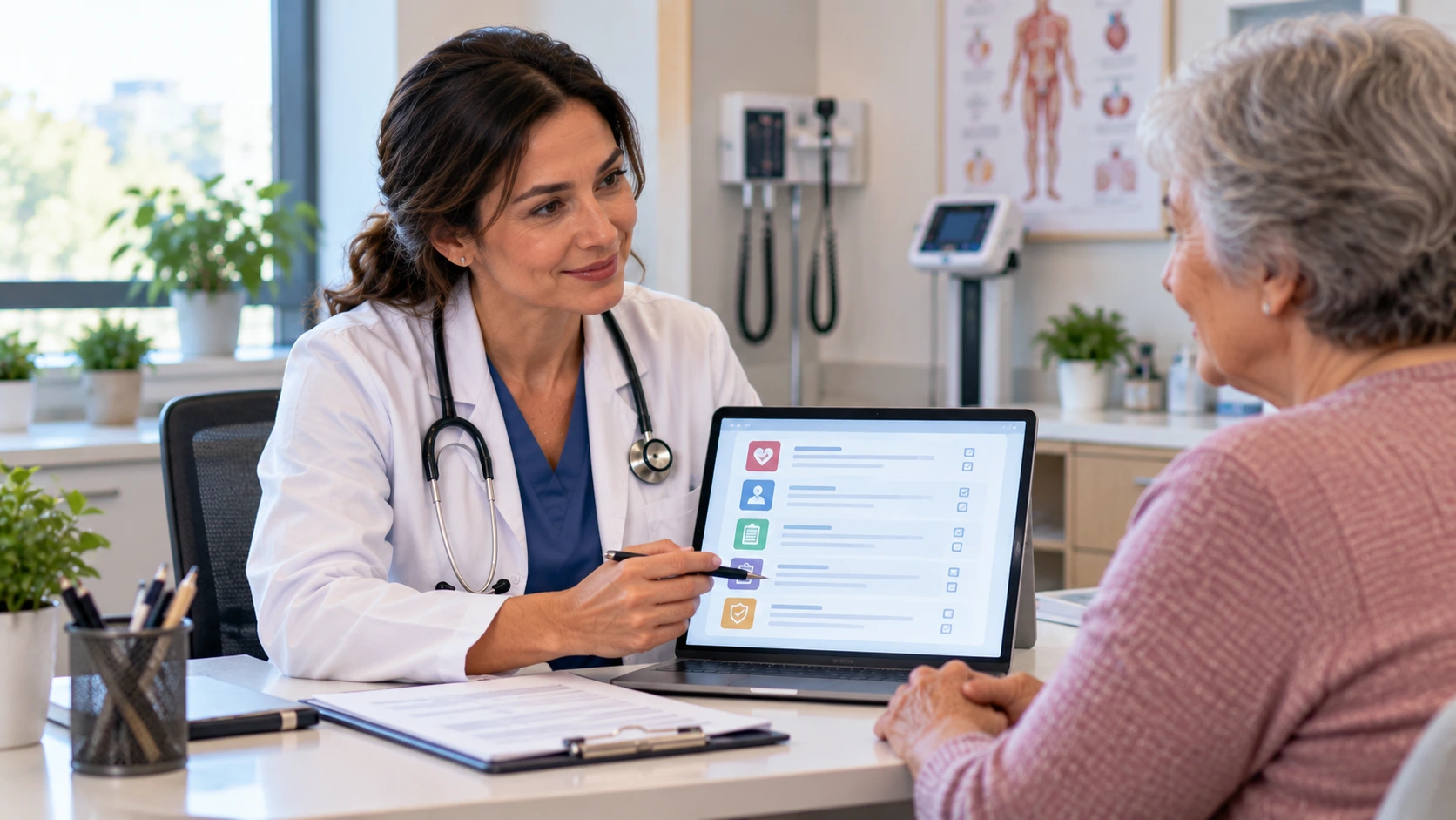 Primary care physician documenting a Medicare Annual Wellness Visit with a patient in an exam room