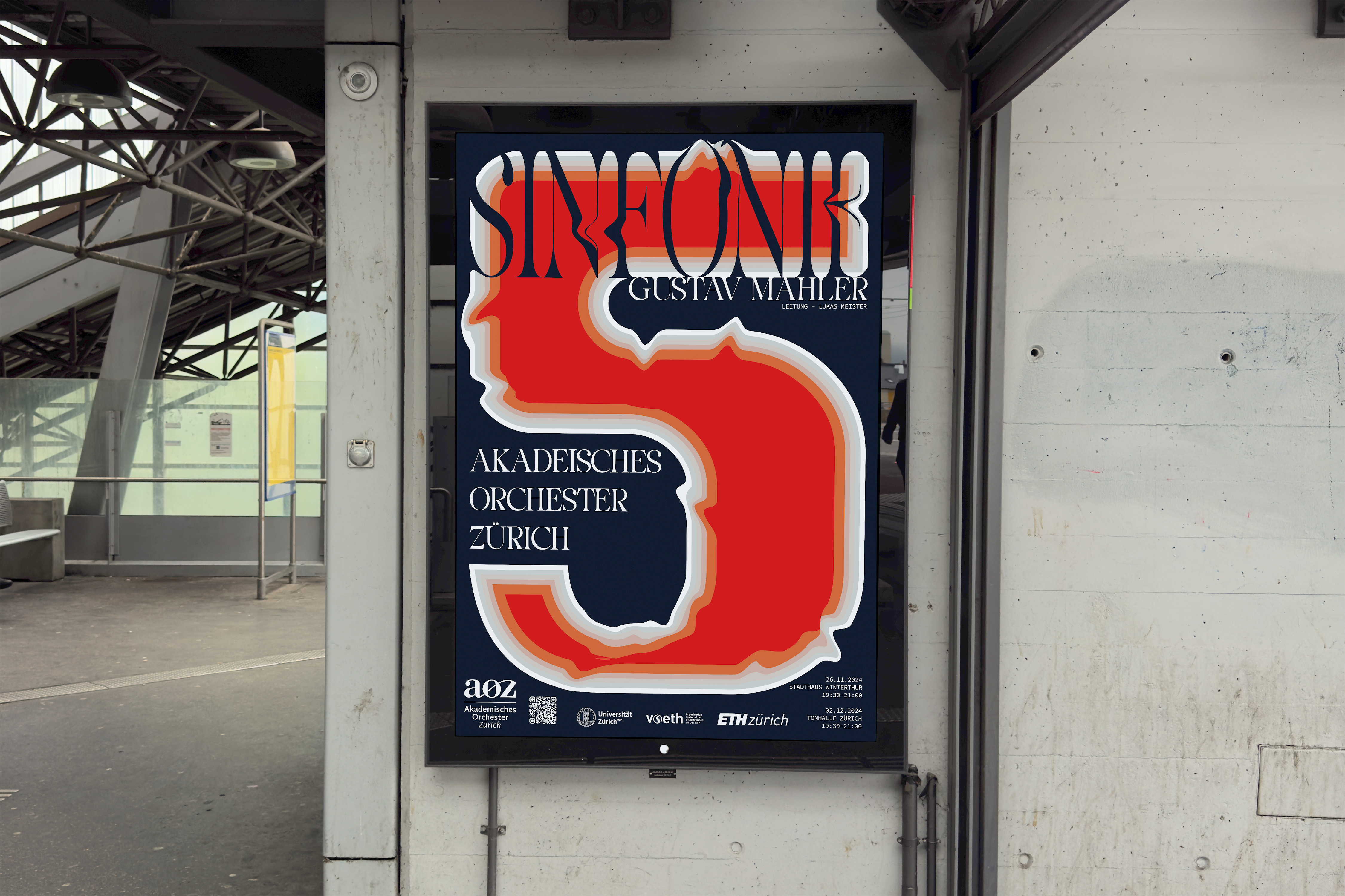 Poster design for Gustav Mahler’s 5th Symphony with expressive typography and warm-cool color contrasts, created for the Academic Orchestra Zurich.