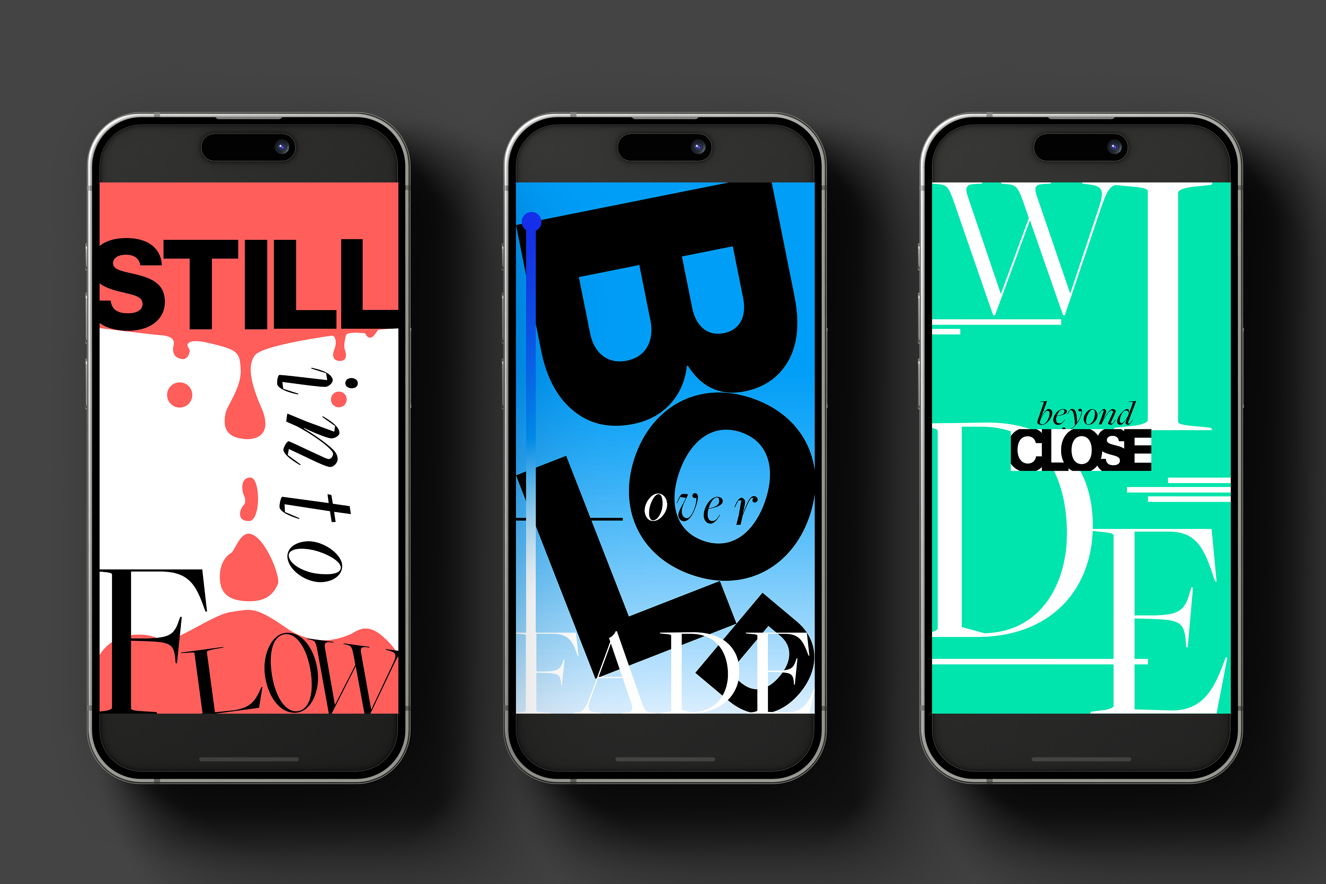 Smartphone mockup of the typographic motion design series created in After Effects, featuring animated compositions that highlight visual contrasts through kinetic typography.