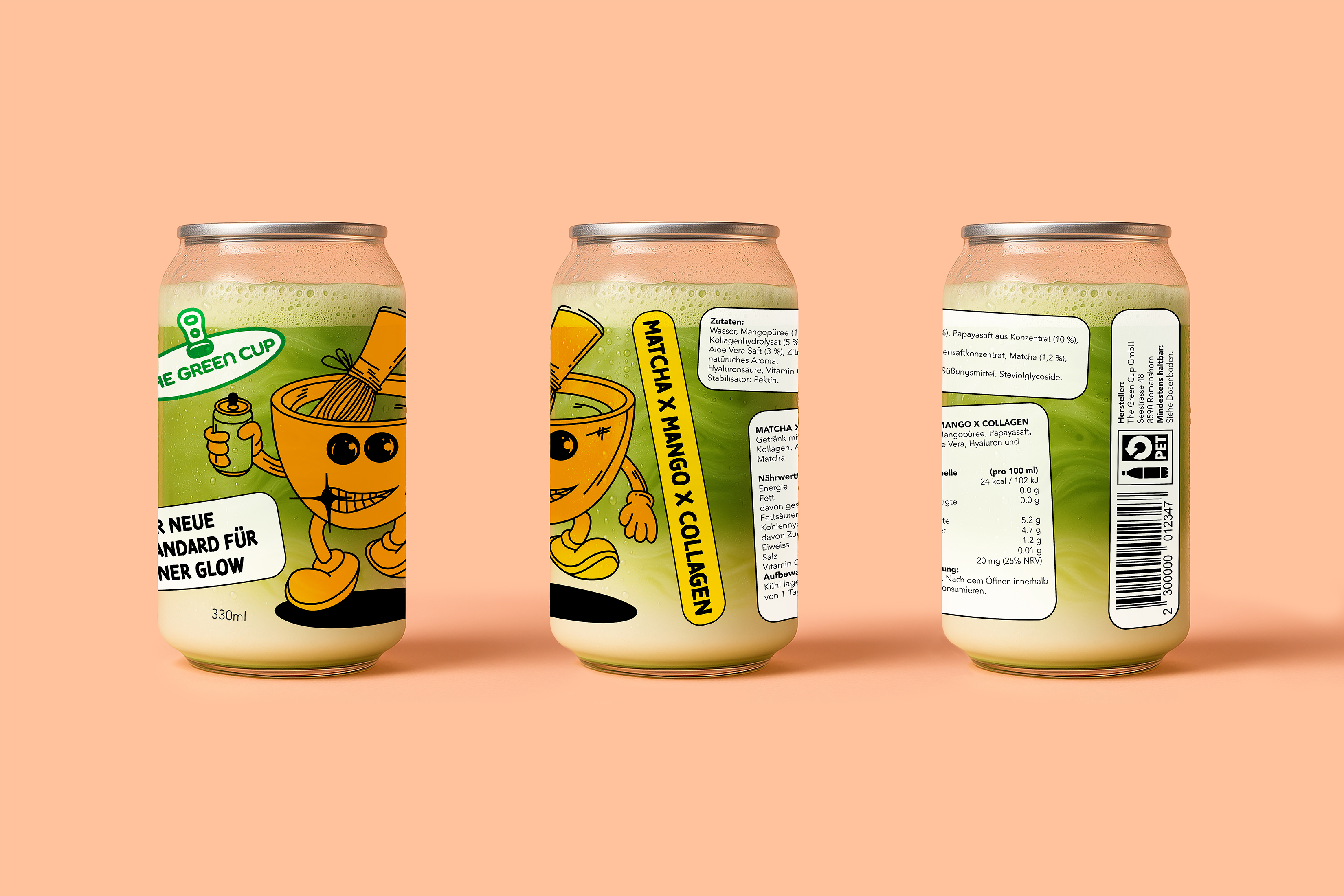 Creative packaging design for the Matcha x Mango x Collagen variant, featuring bold colors and character illustration.