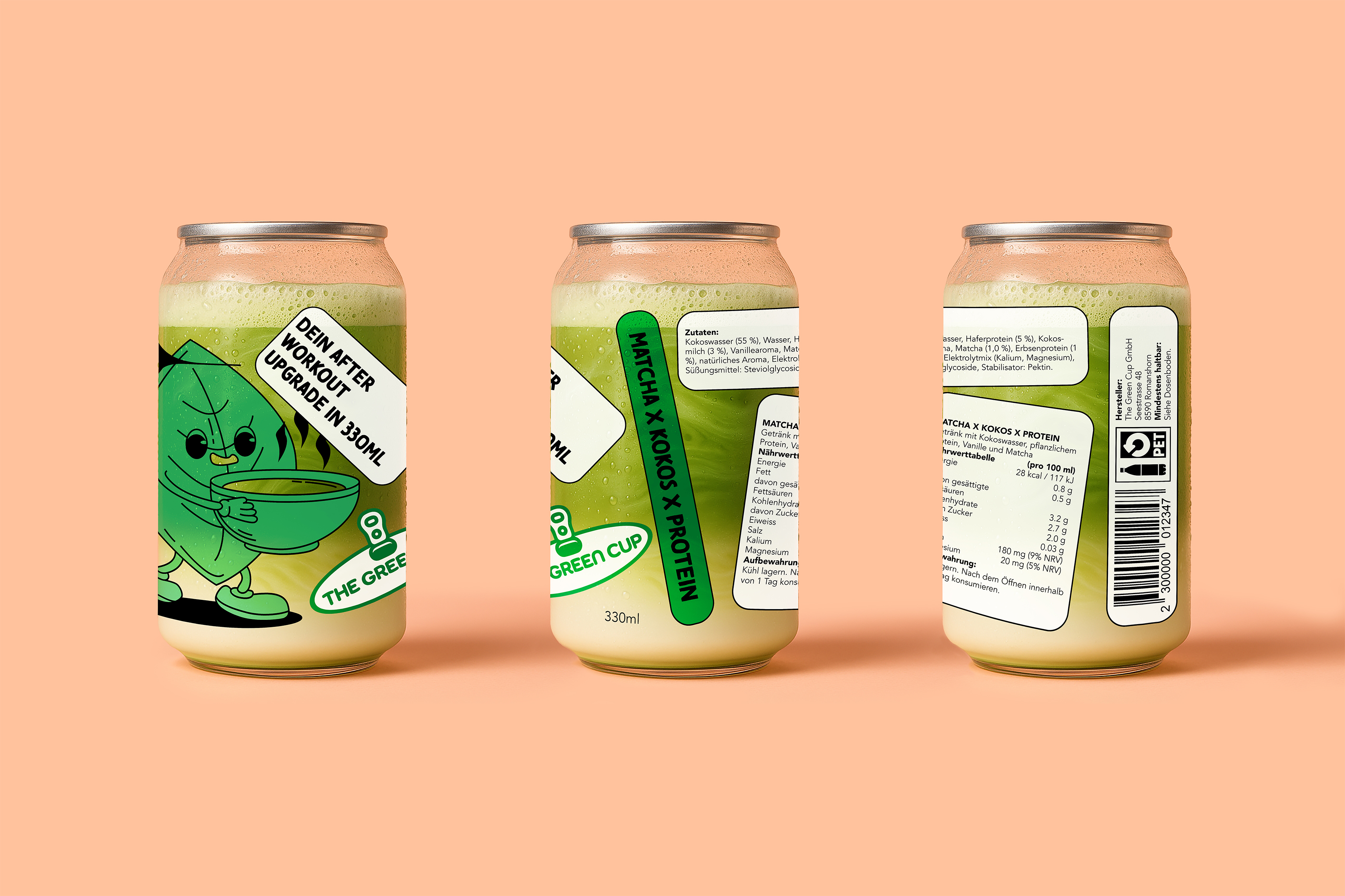 Packaging design concept showing different angles of the Matcha x Coconut x Protein drink.