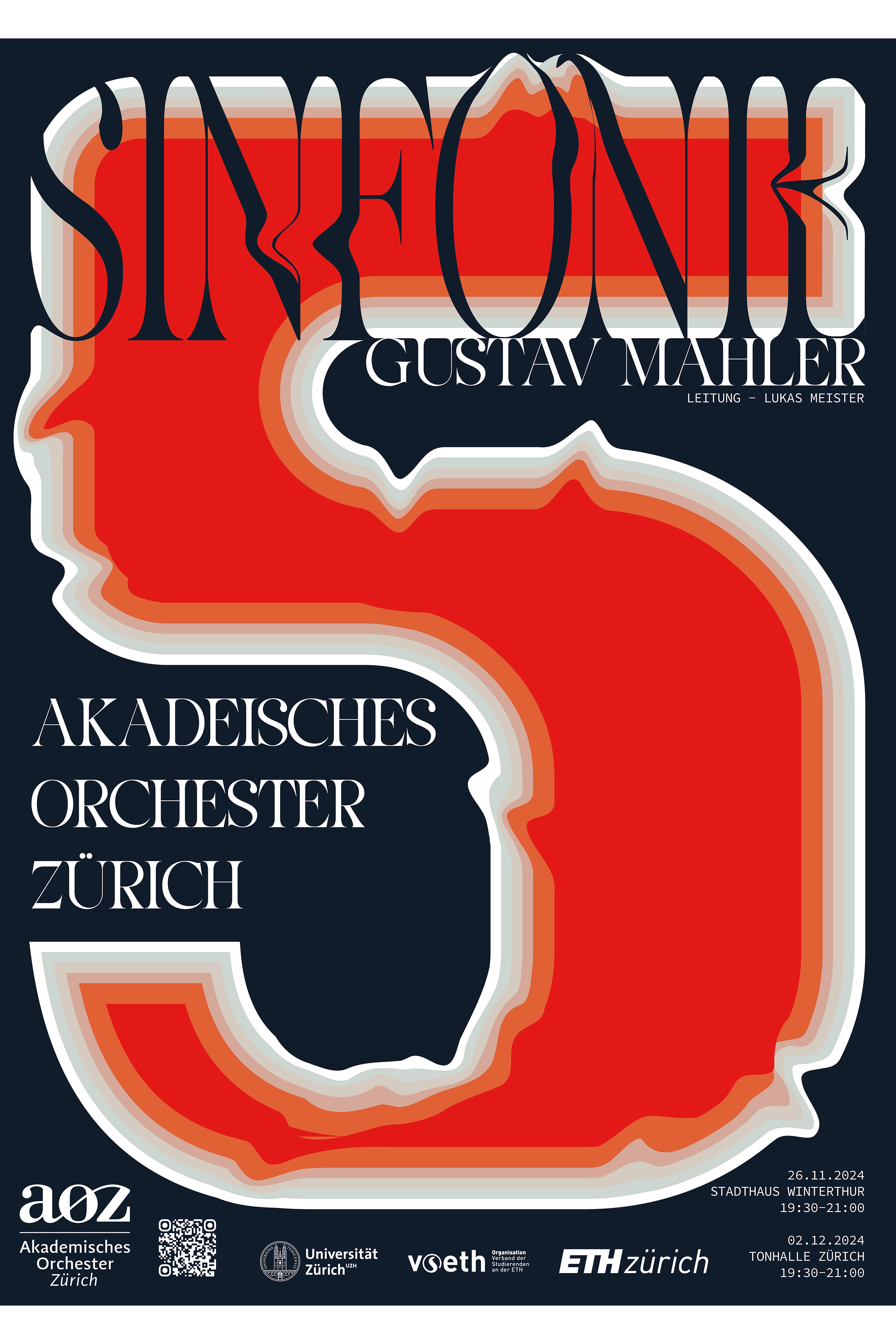 Poster design for Gustav Mahler’s 5th Symphony with expressive typography and warm-cool color contrasts, created for the Academic Orchestra Zurich.