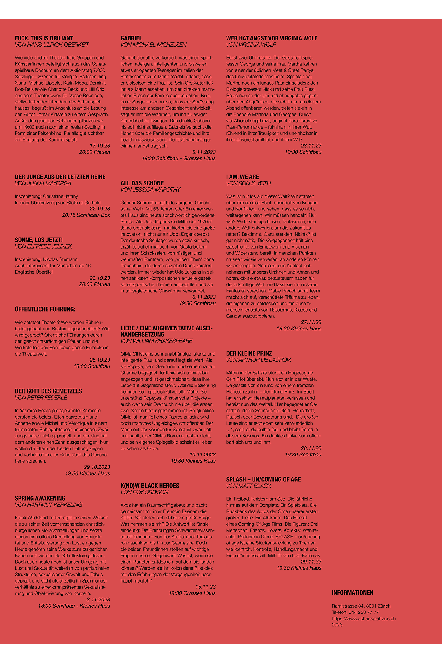Backside of the Schauspielhaus Zürich program flyer, featuring the detailed seasonal schedule with performances, dates, and venues in a clean grid.