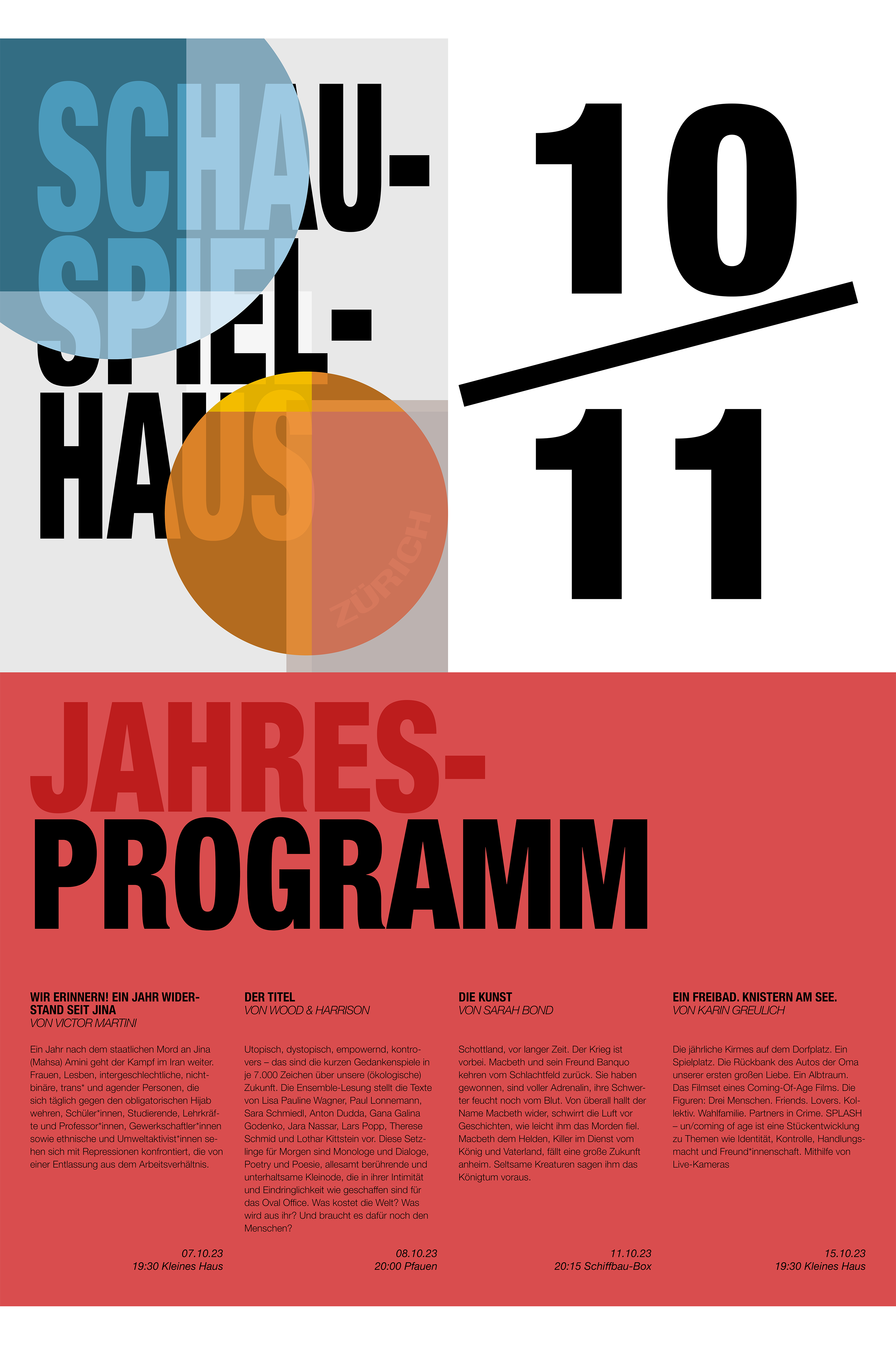 Frontside of the Schauspielhaus Zürich flyer, designed with bold typography, geometric forms, and color contrasts to emphasize the annual theme.
