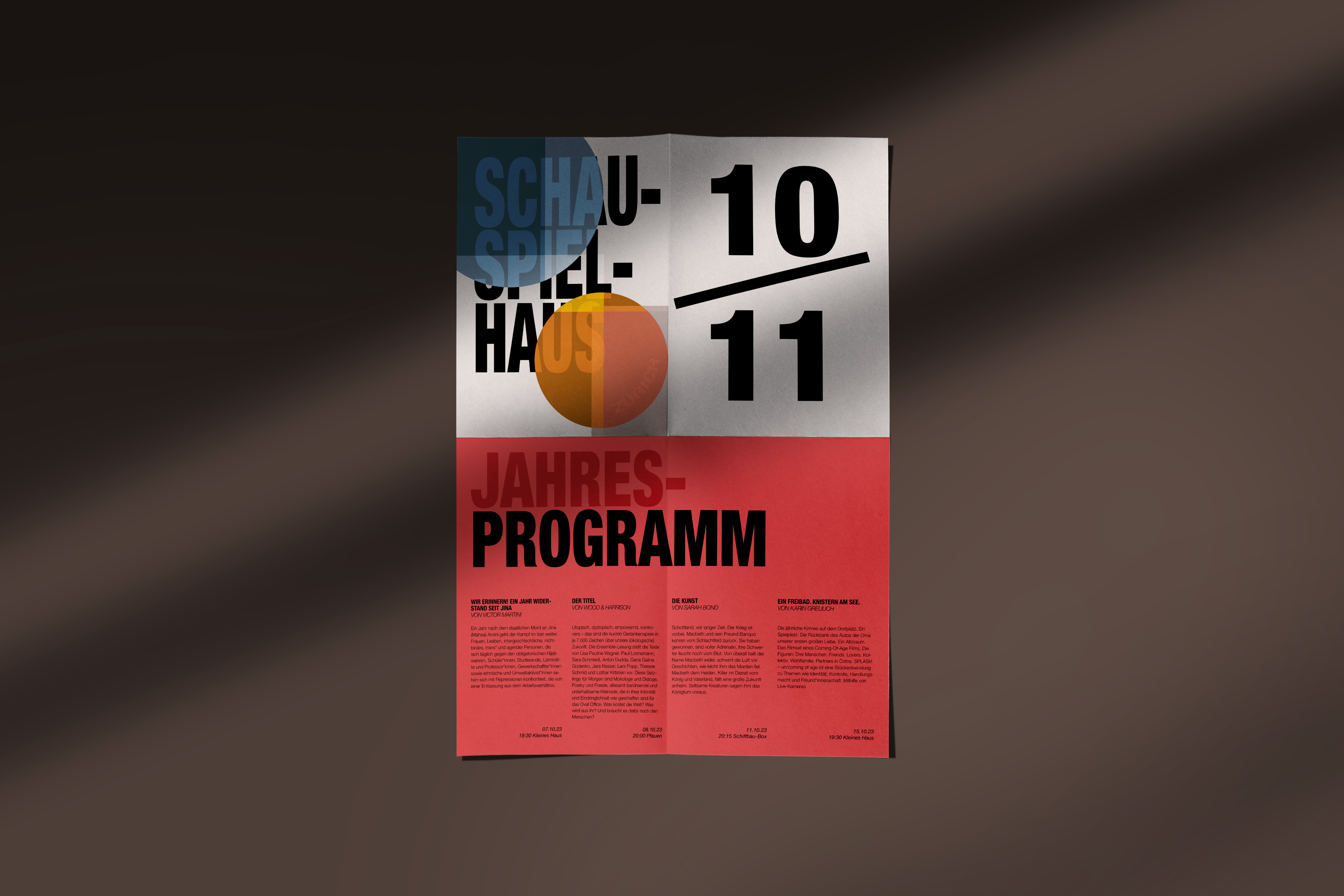 Visual mockup of the Schauspielhaus Zürich cross-fold flyer, highlighting the front and back design with strong typographic contrasts and color blocks.