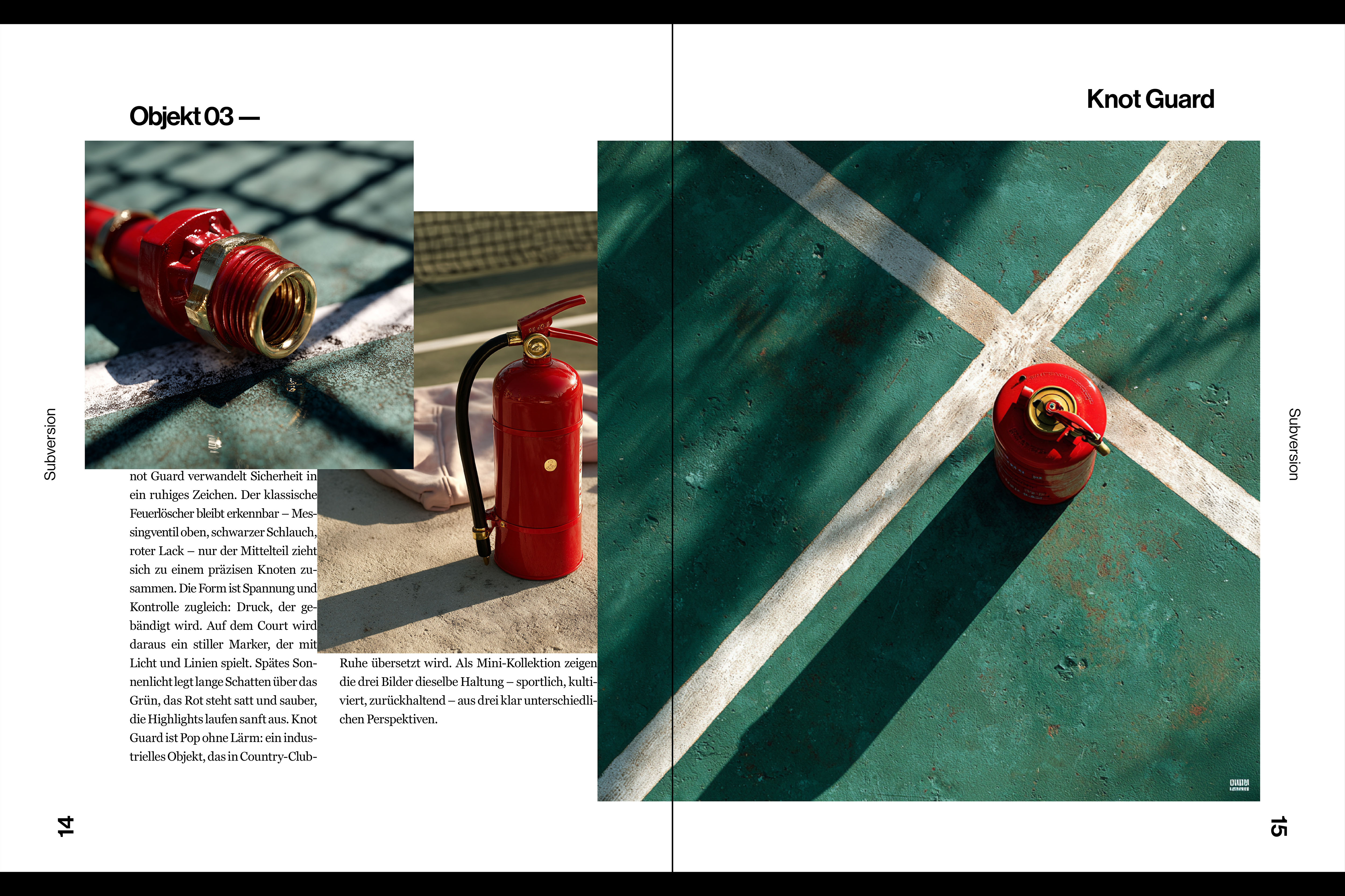Double-page spreads from “Selection”, featuring conceptual objects like Gravity Drip, Knot Guard, and Velvet Cone with detailed descriptions and striking photography.