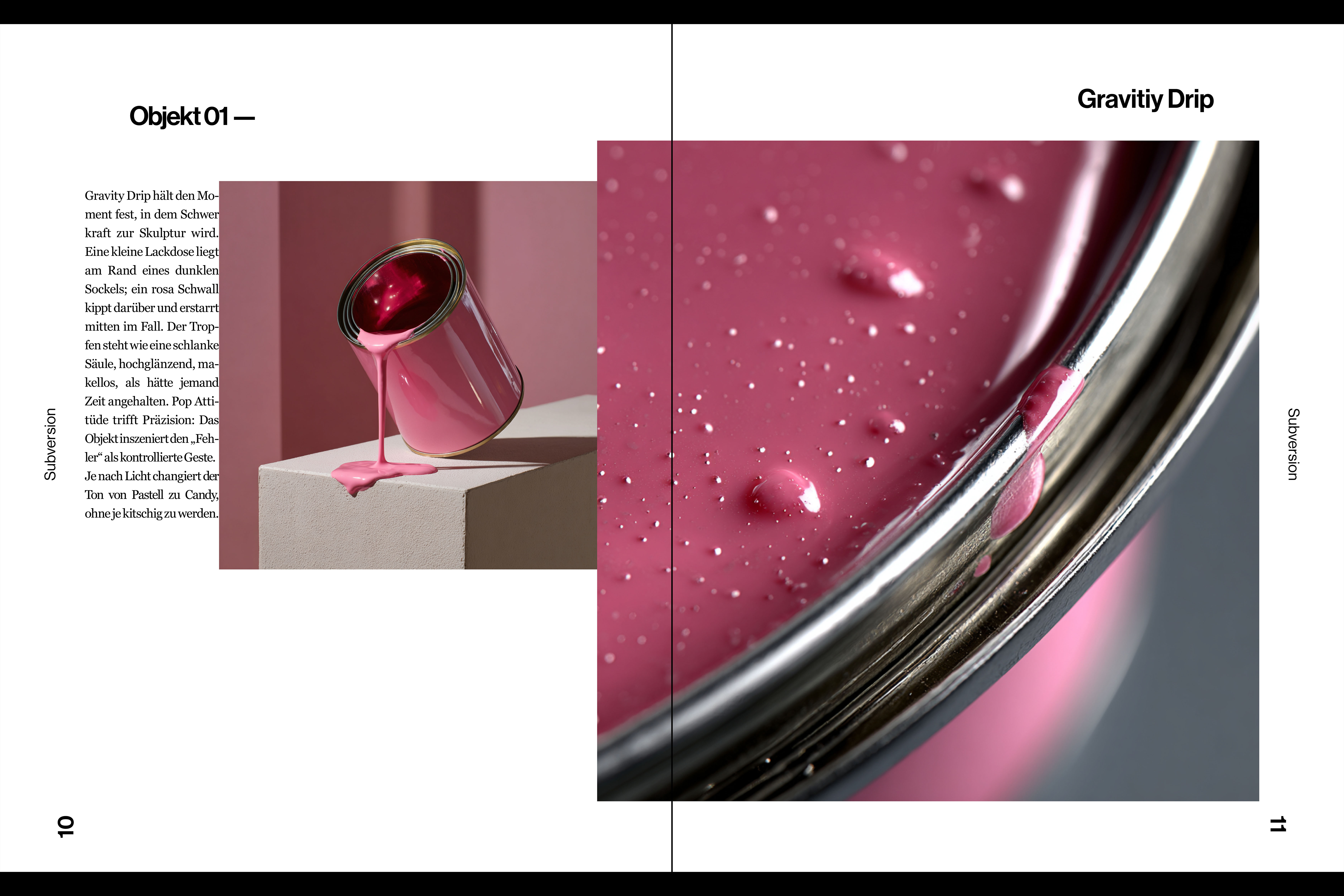 Double-page spreads from “Selection”, featuring conceptual objects like Gravity Drip, Knot Guard, and Velvet Cone with detailed descriptions and striking photography.
