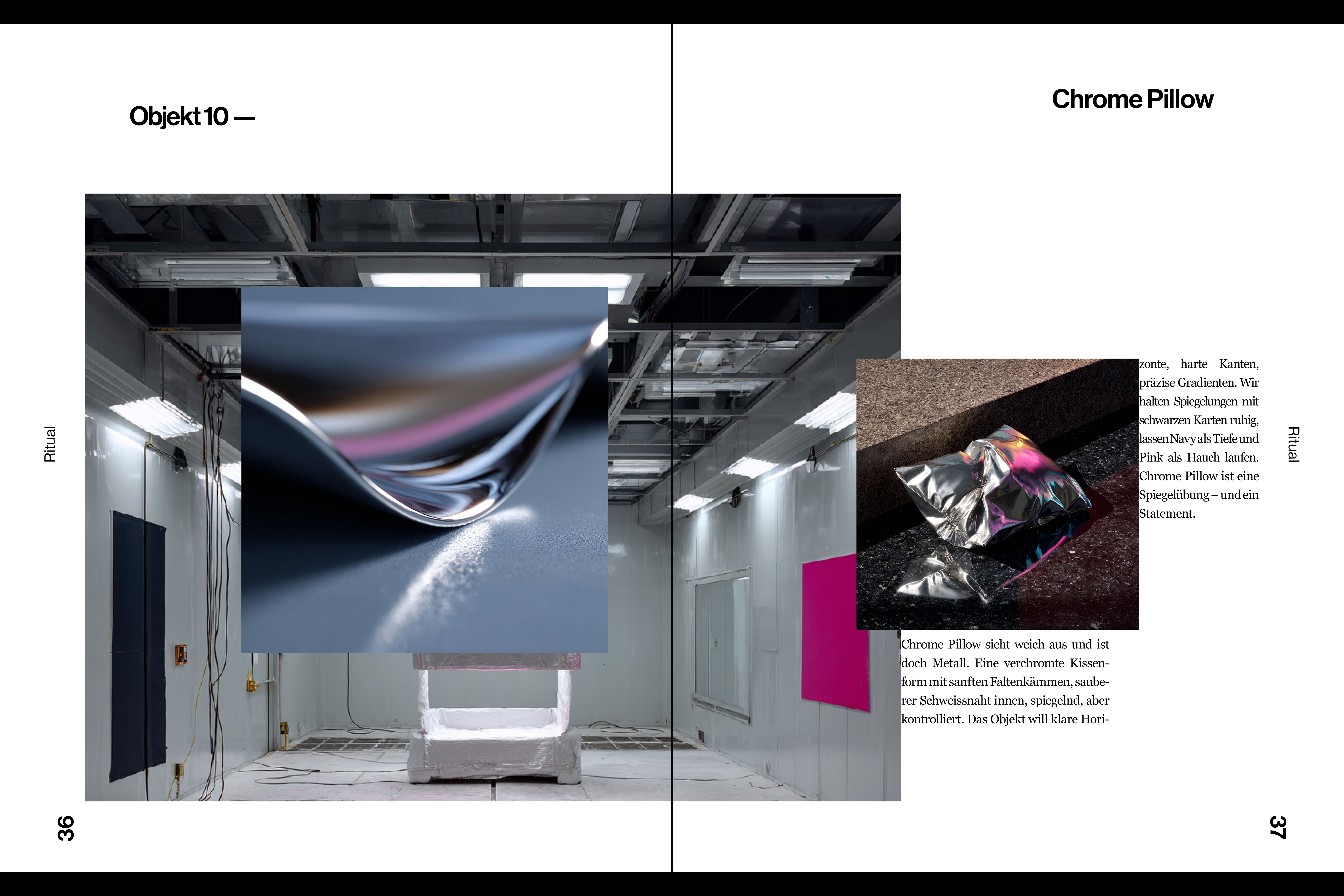 Double-page spreads from “Selection”, featuring conceptual objects like Gravity Drip, Knot Guard, and Velvet Cone with detailed descriptions and striking photography.
