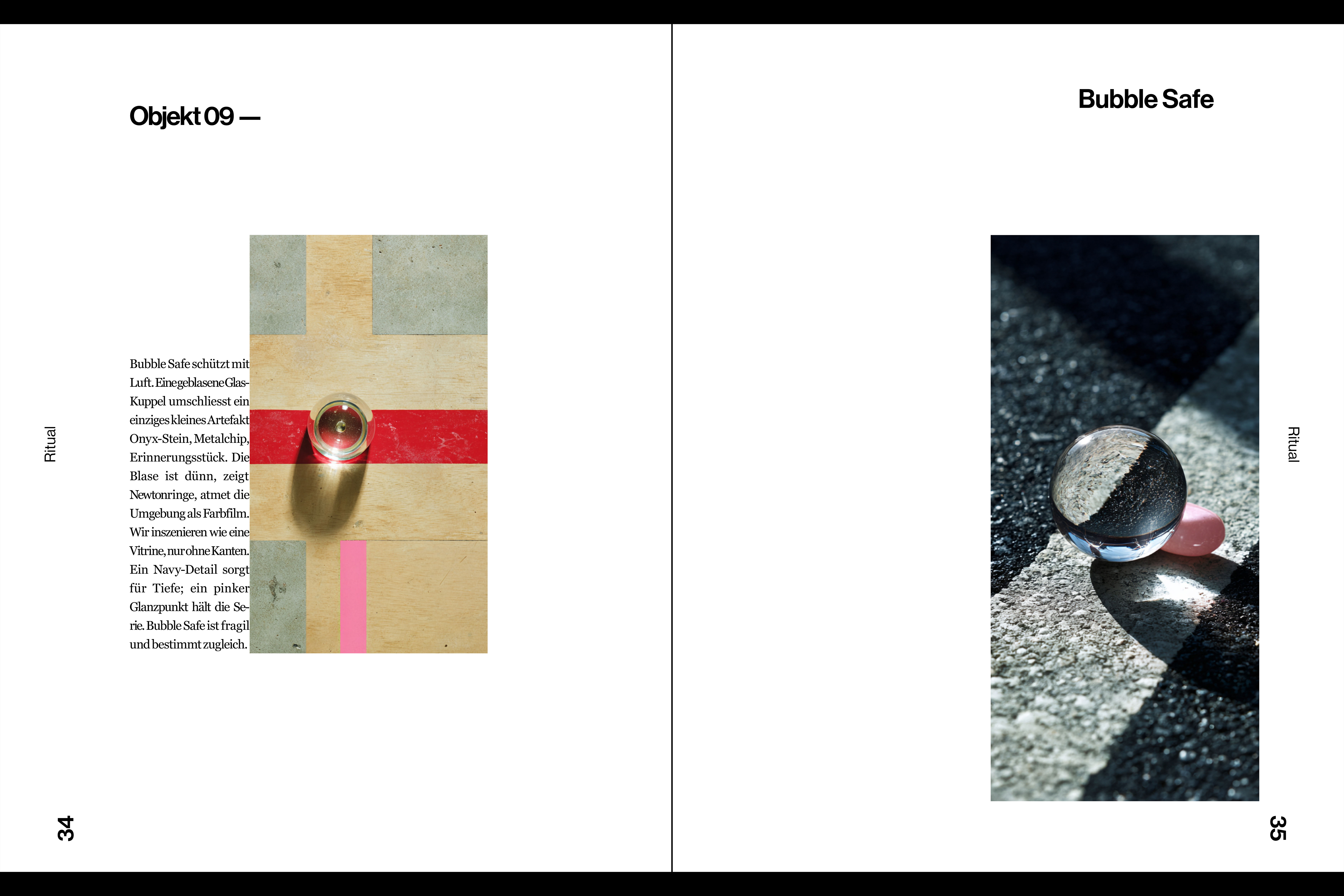 Double-page spreads from “Selection”, featuring conceptual objects like Gravity Drip, Knot Guard, and Velvet Cone with detailed descriptions and striking photography.