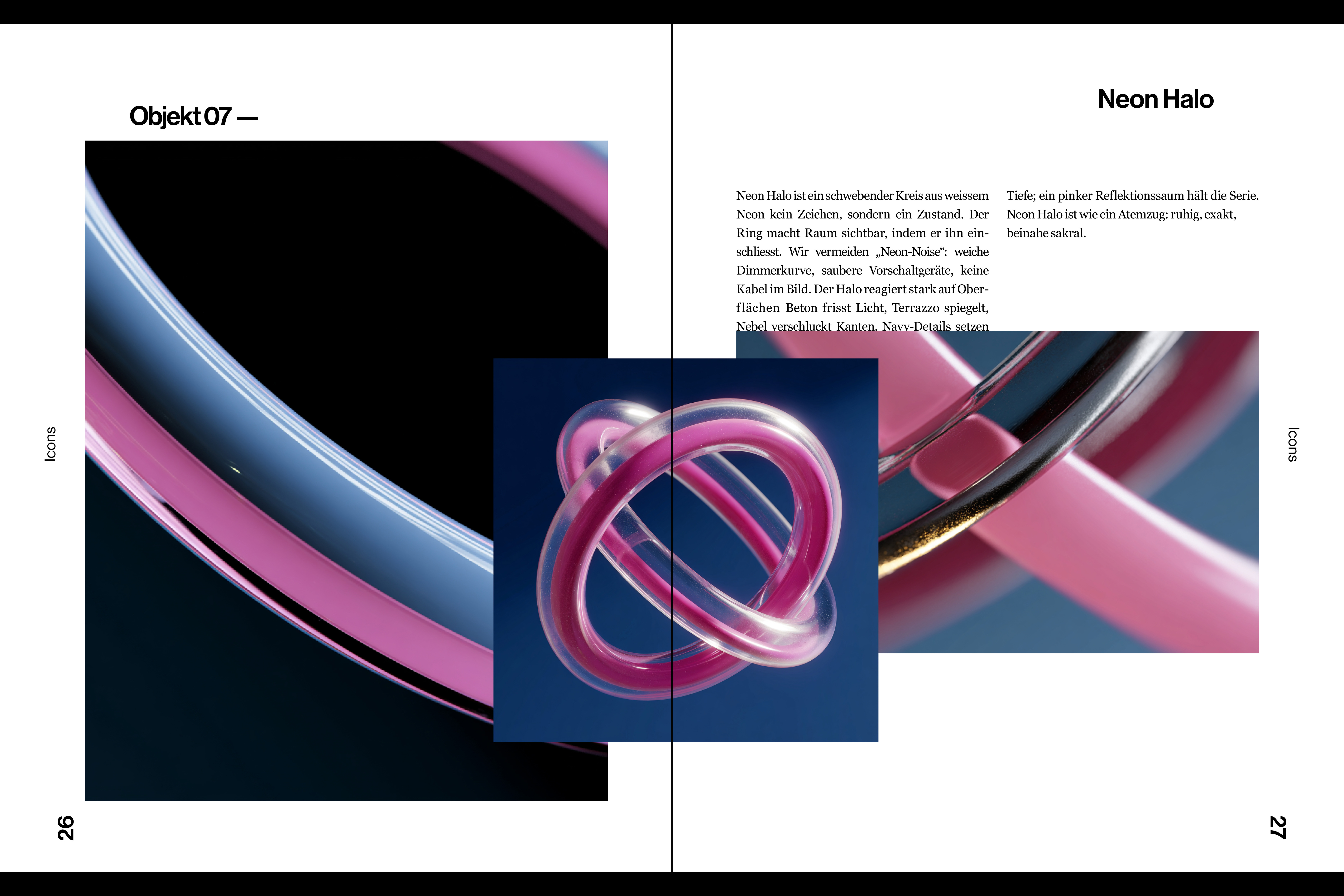 Double-page spreads from “Selection”, featuring conceptual objects like Gravity Drip, Knot Guard, and Velvet Cone with detailed descriptions and striking photography.
