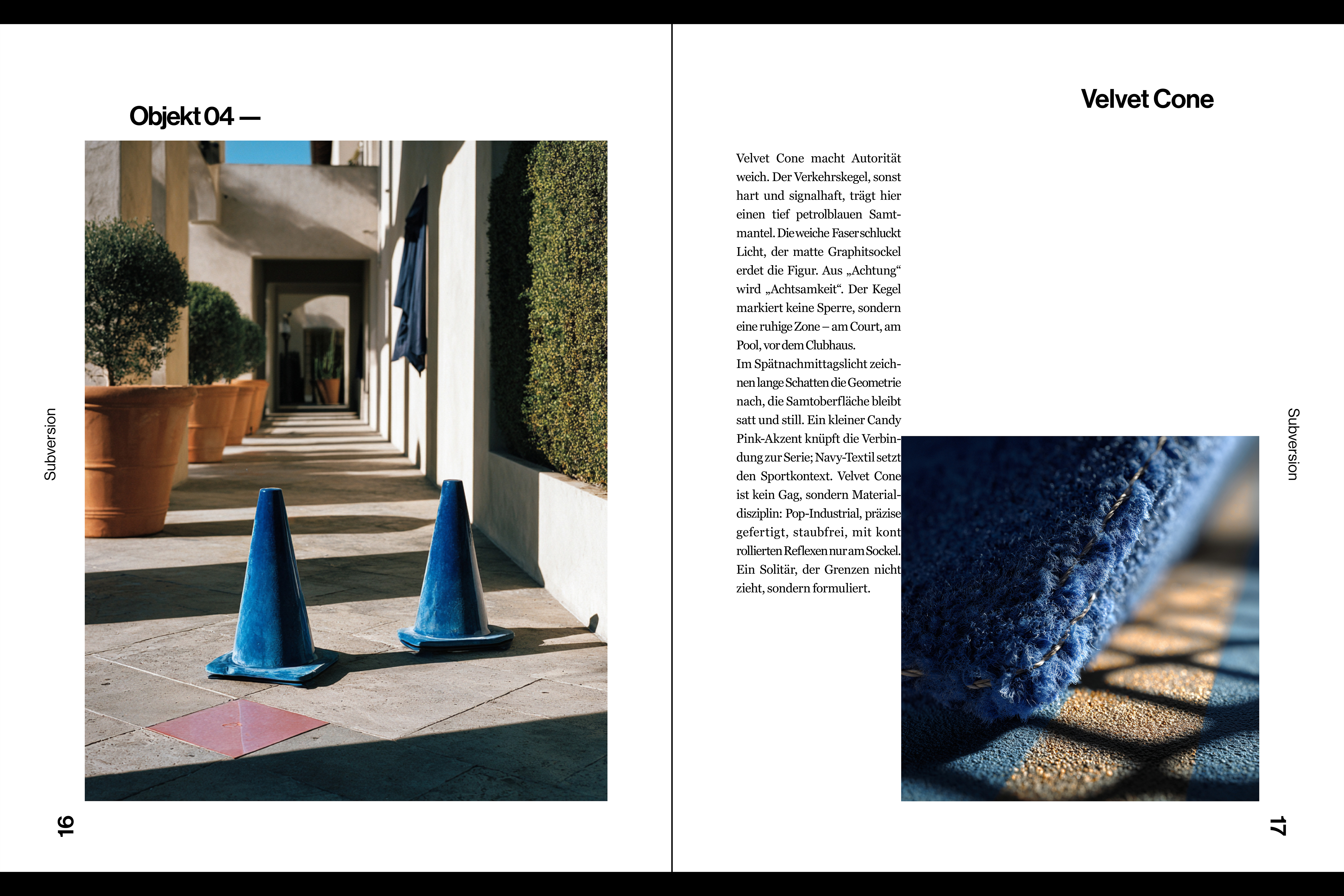 Double-page spreads from “Selection”, featuring conceptual objects like Gravity Drip, Knot Guard, and Velvet Cone with detailed descriptions and striking photography.