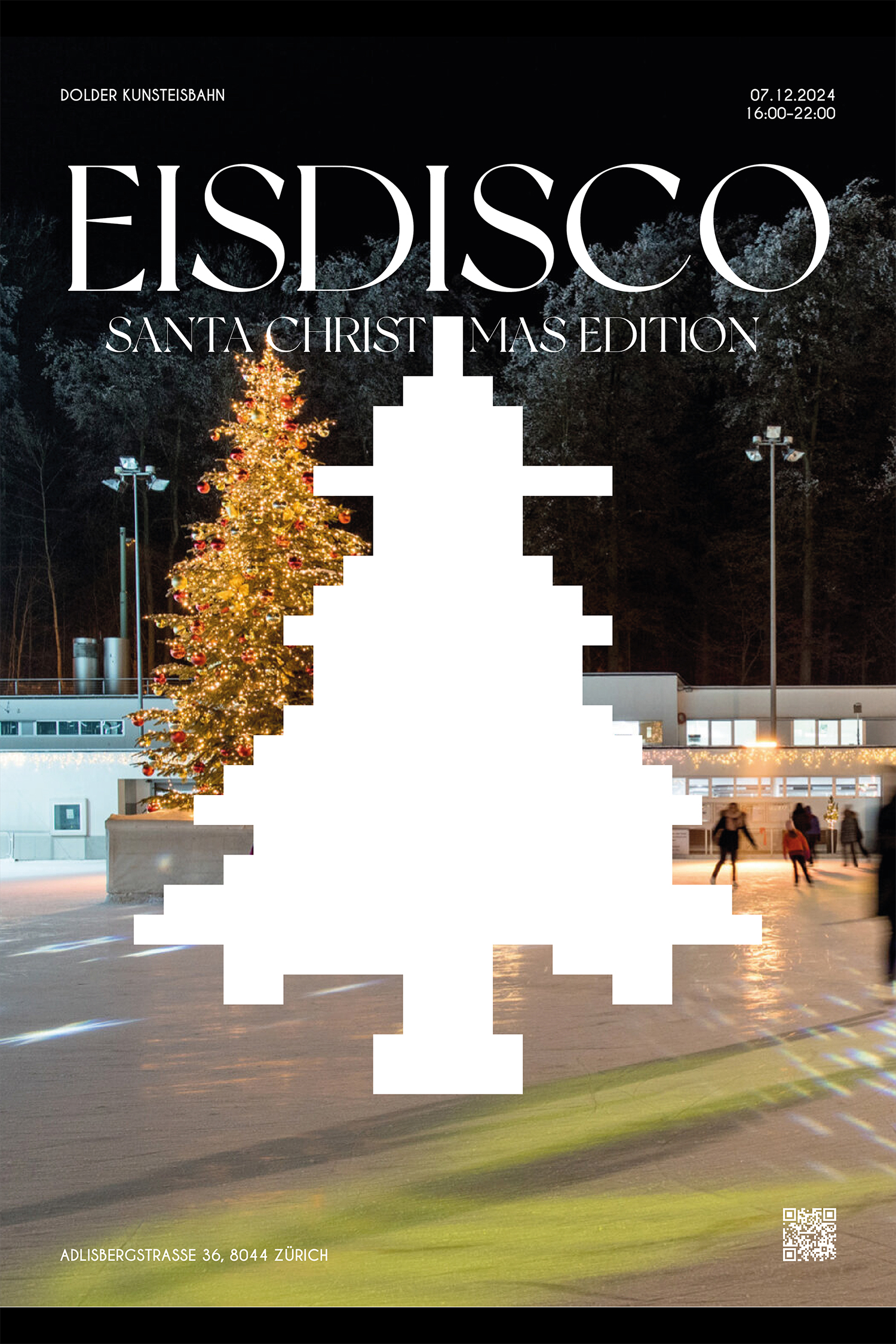 Celebrate the festive season at the Eisdisco Santa Christmas Edition on December 7, 2024 at the Dolder Ice Rink in Zurich. A Christmas tree in pixel silhouette sets the mood for music, lights and skating.