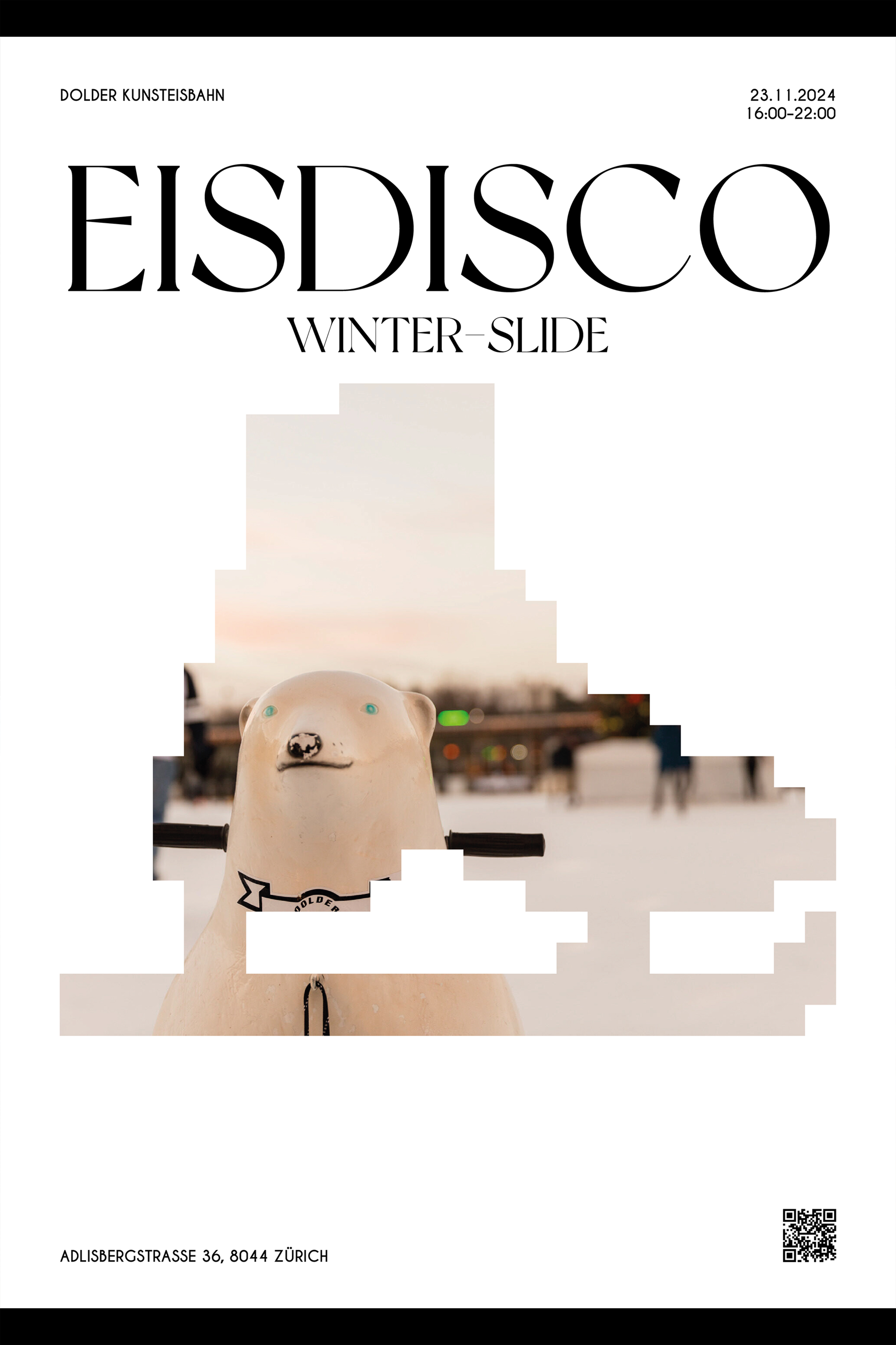 Experience Eisdisco Winter-Slide at the Dolder Ice Rink in Zurich on November 23, 2024. Season opening with music, lights and skating fun, featuring a polar bear design in a pixel silhouette style.