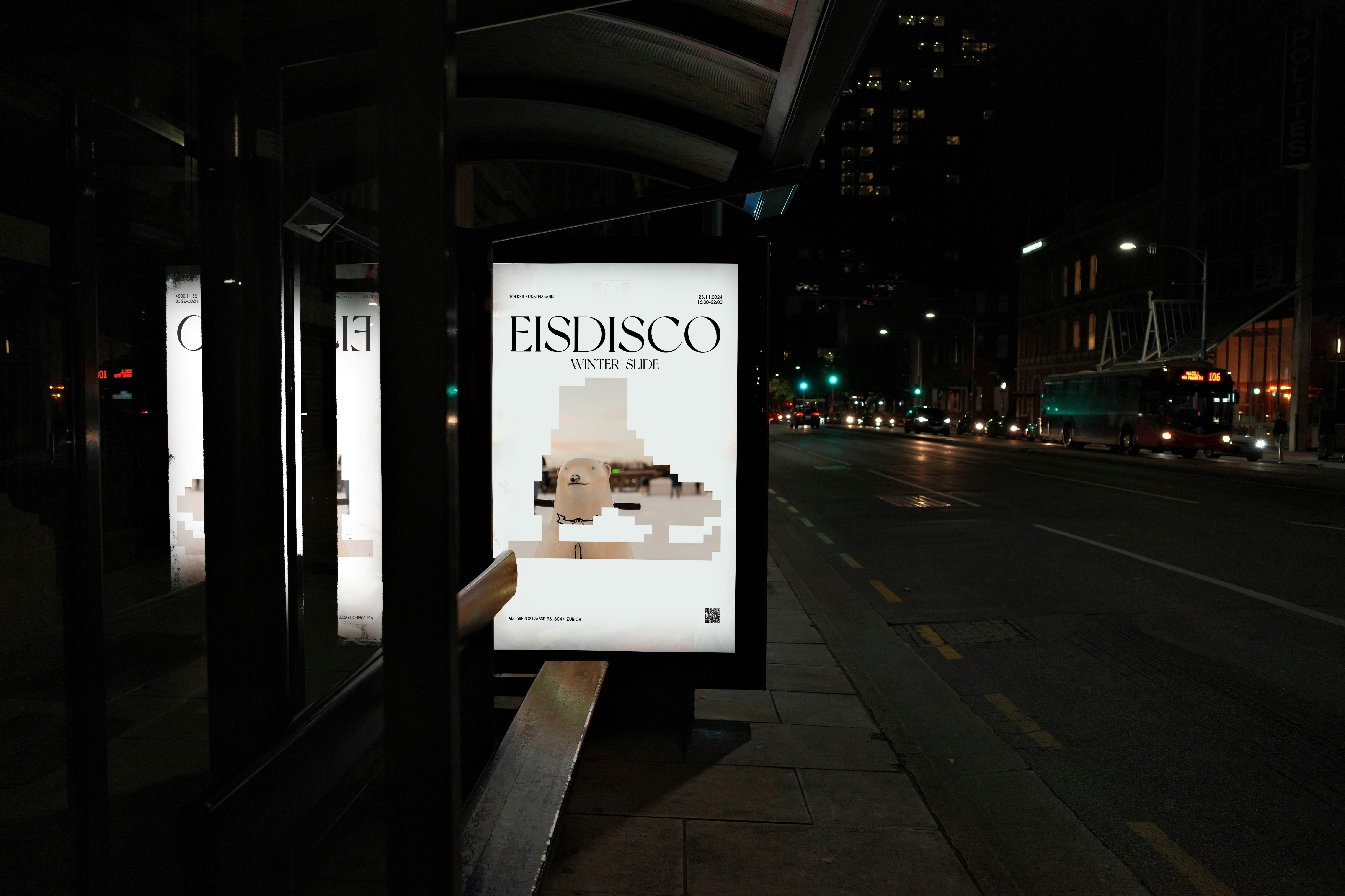 Night mockup Eisdisco Christmas Edition poster, illuminated Zurich street scene.