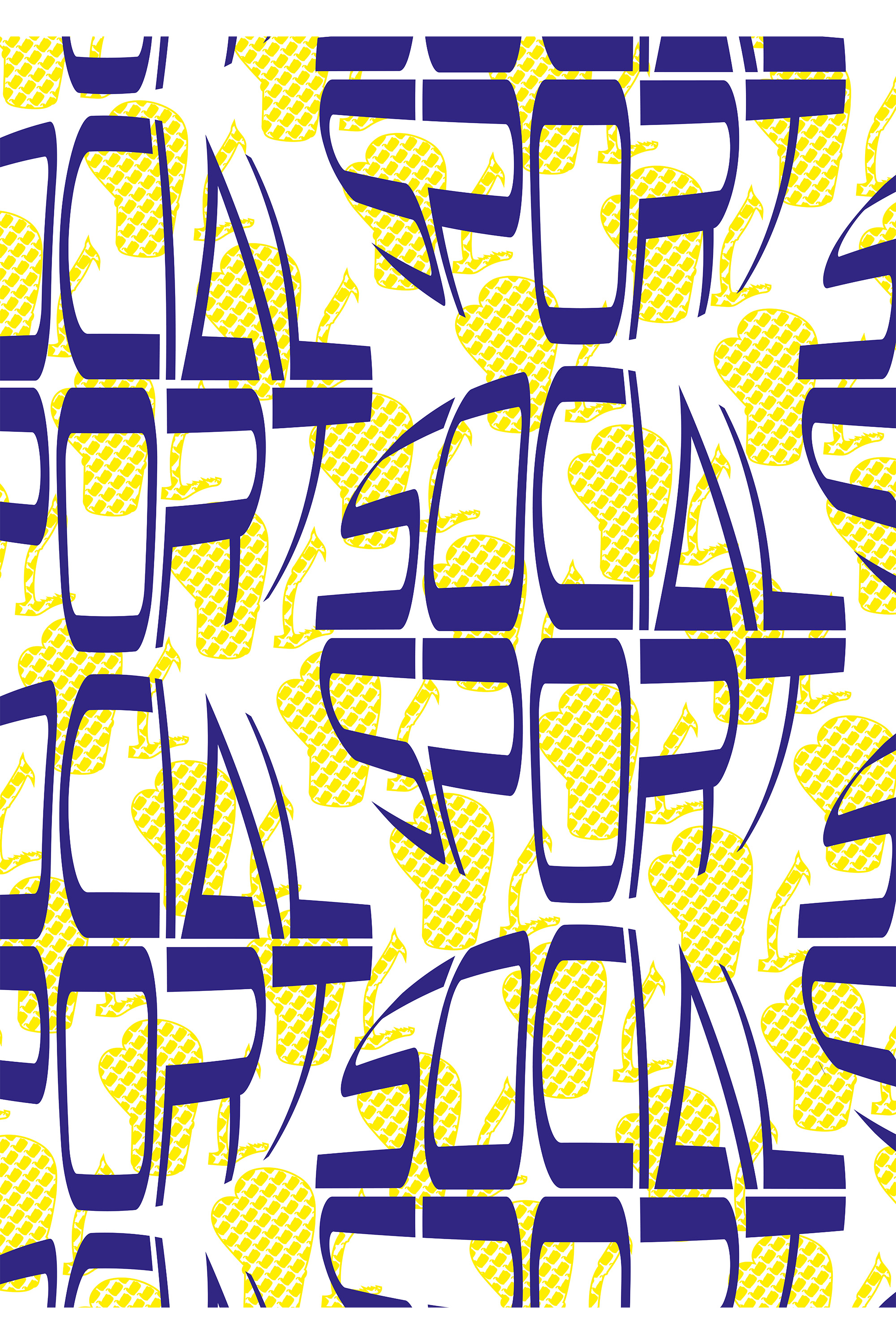 Brand pattern for Social Sport combining geometric typography in blue with yellow sports-inspired graphics.