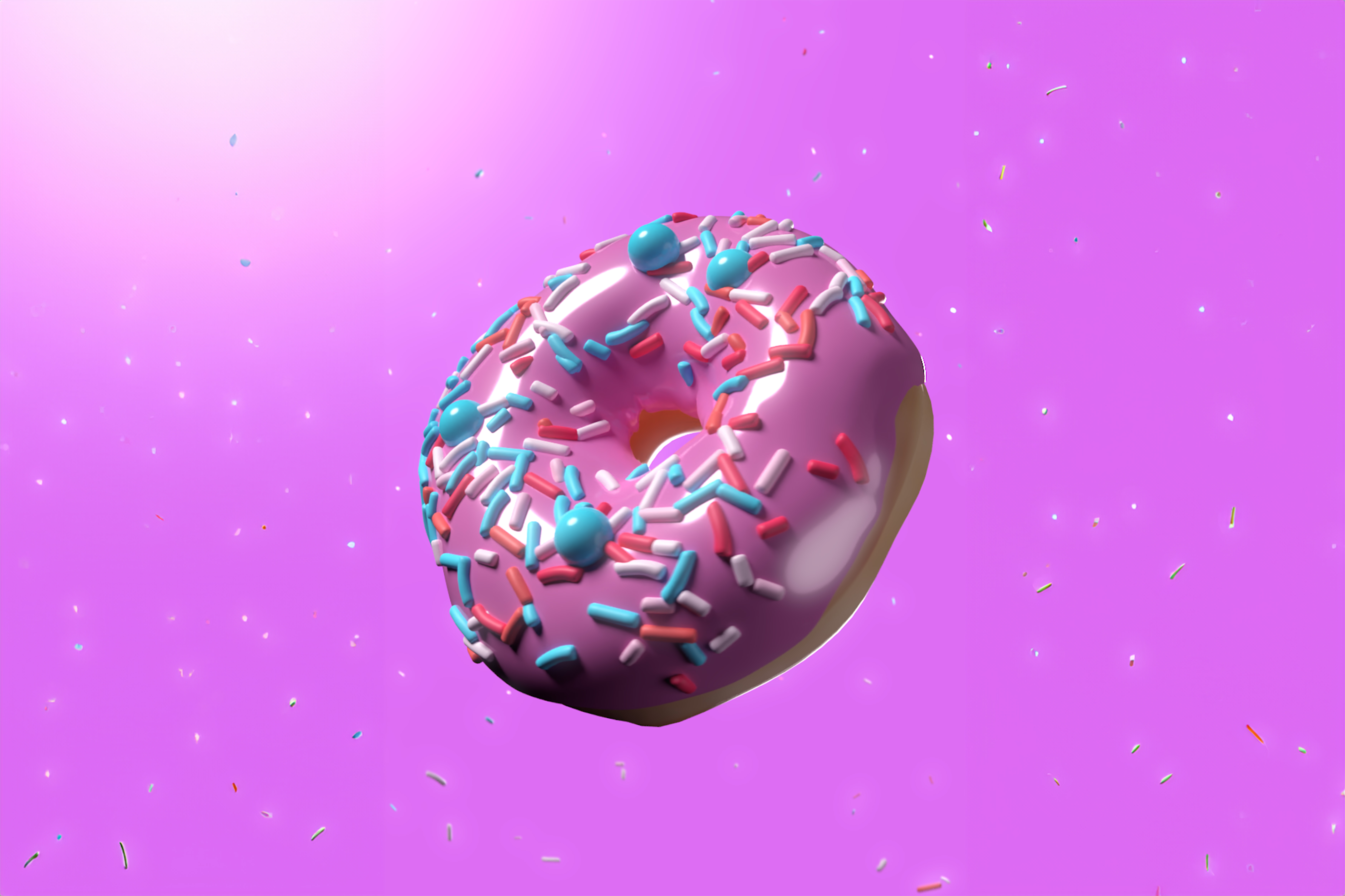 3D render of a pink frosted donut with sprinkles, created in Blender as part of a tutorial exercise.