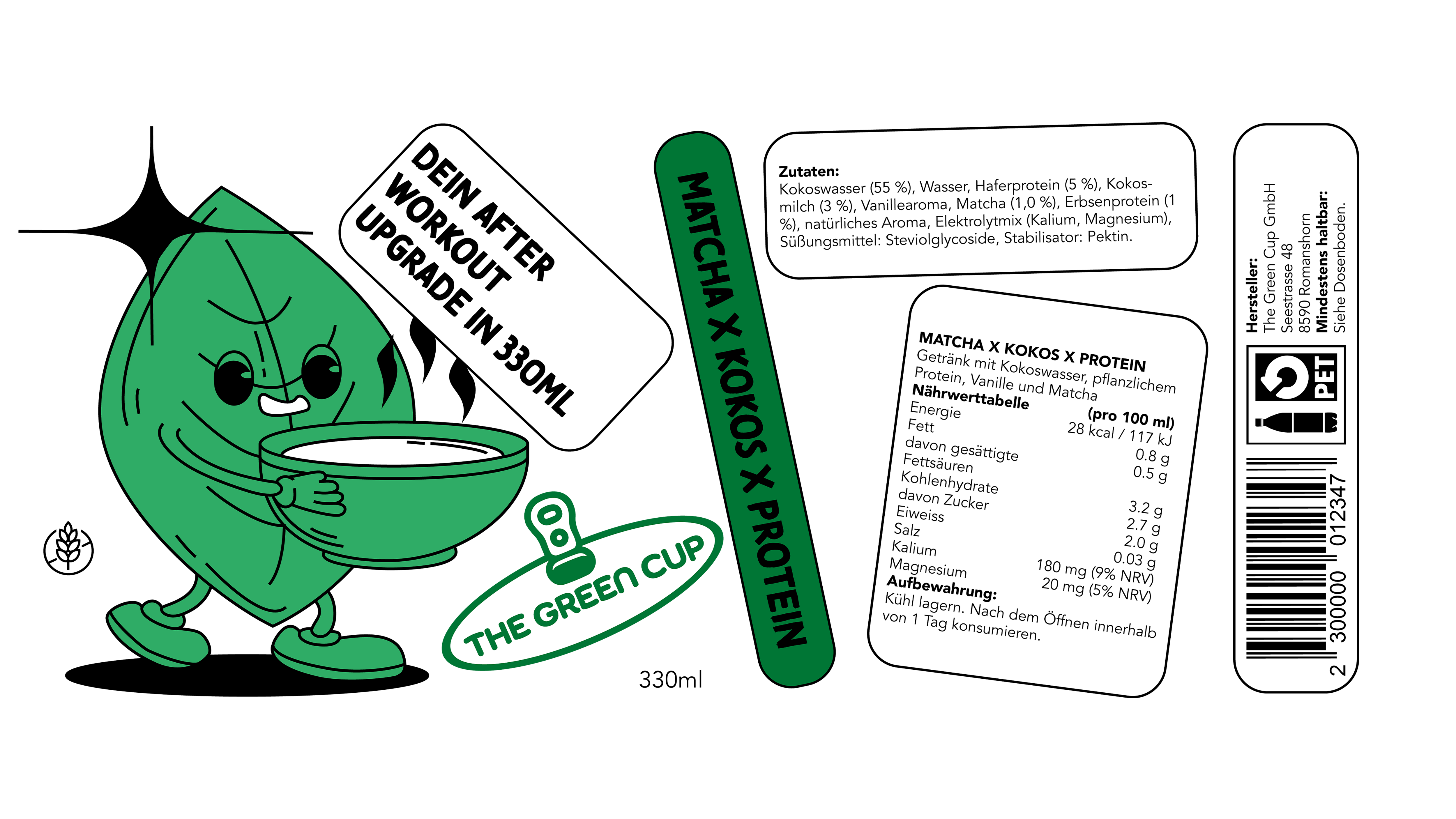 Label design layout for the Matcha x Coconut x Protein flavor, showing illustration, nutrition facts, and barcode.