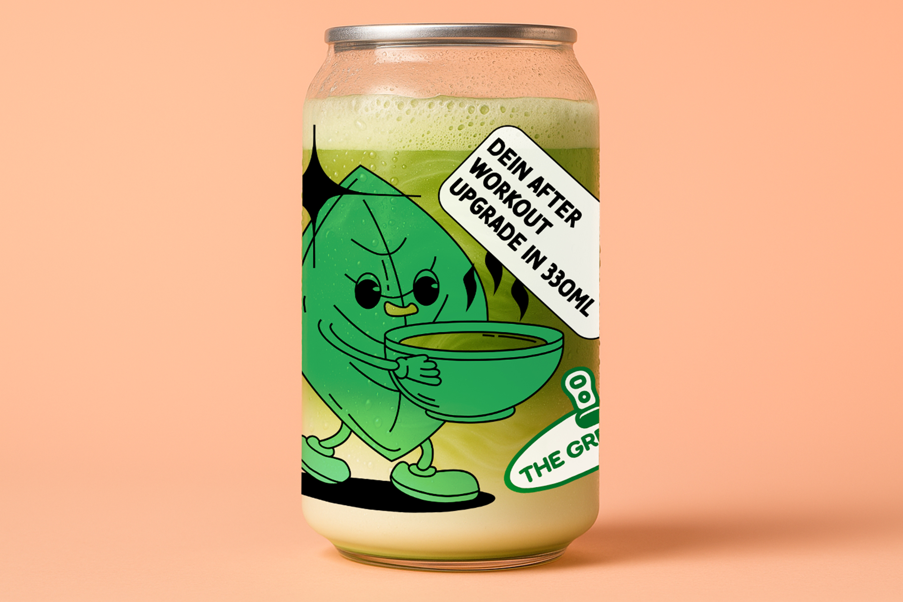 Packaging design concept showing the Matcha x Coconut x Protein variant with playful leaf illustration.