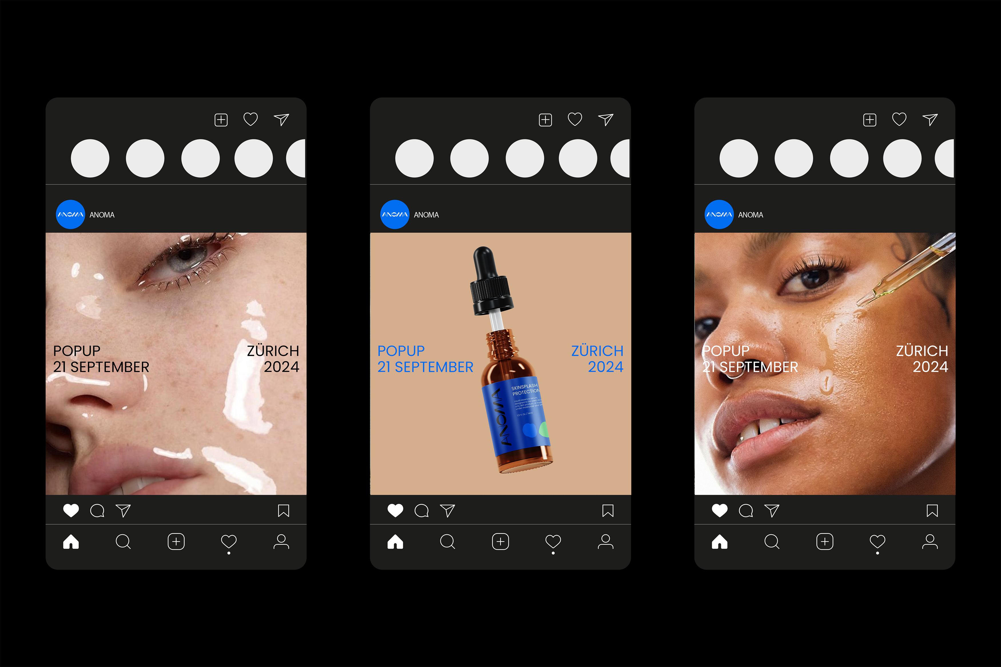 Social media campaign visuals for the ANOMA Pop-Up Zurich, highlighting skin and product aesthetics.