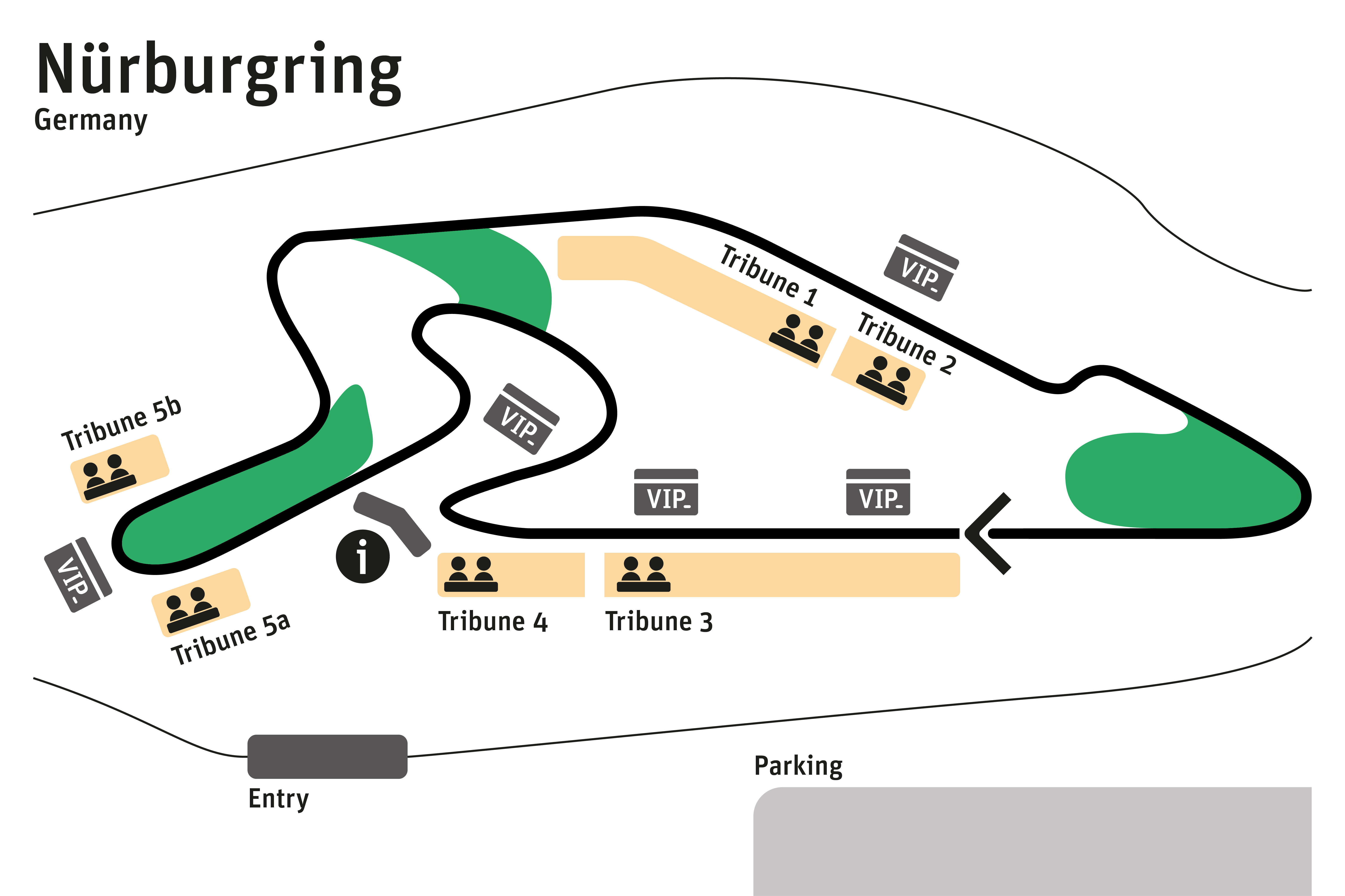 Simplified map showing tribunes, VIP zones, and main access points.