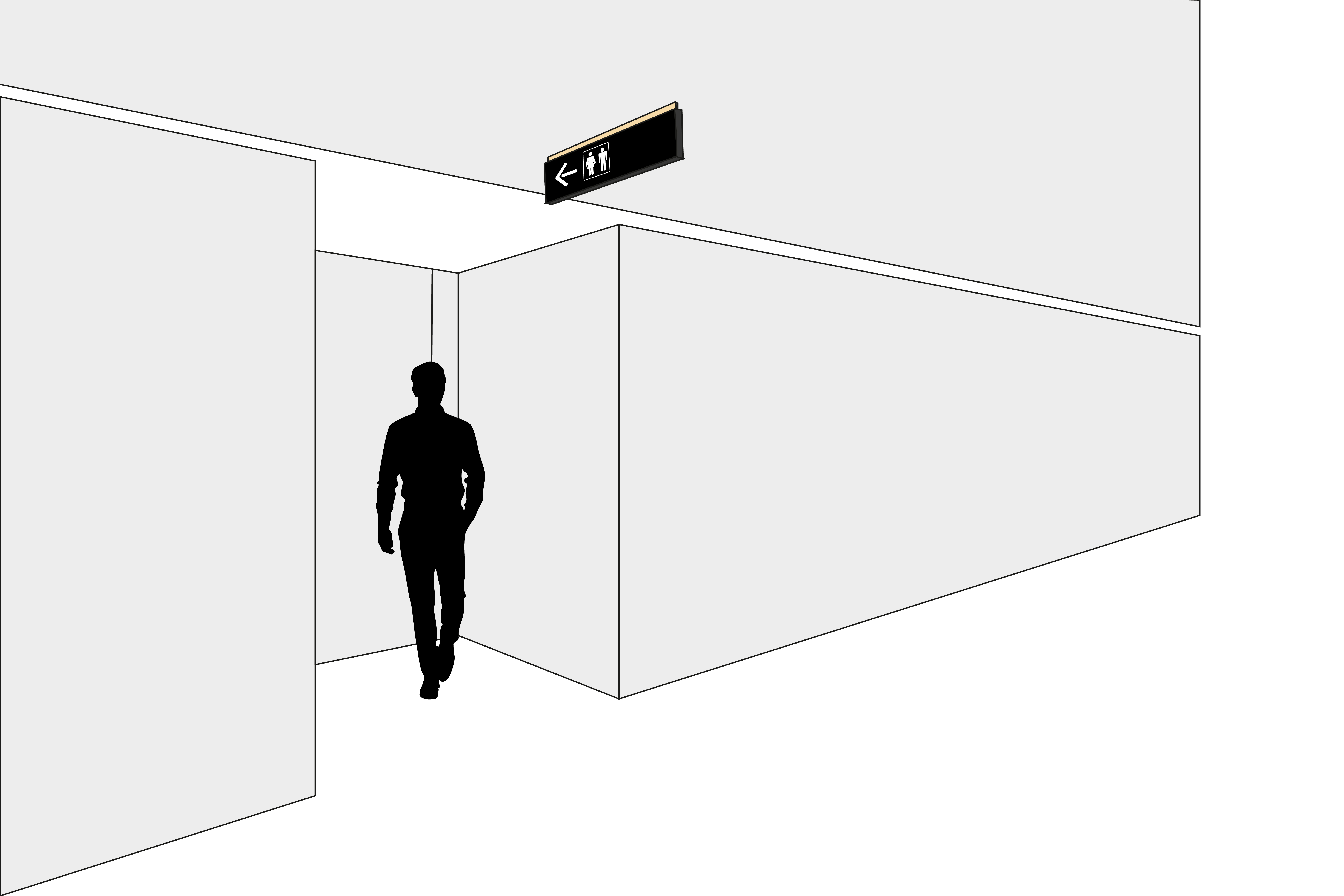 Overhead signage with pictograms for quick restroom orientation.