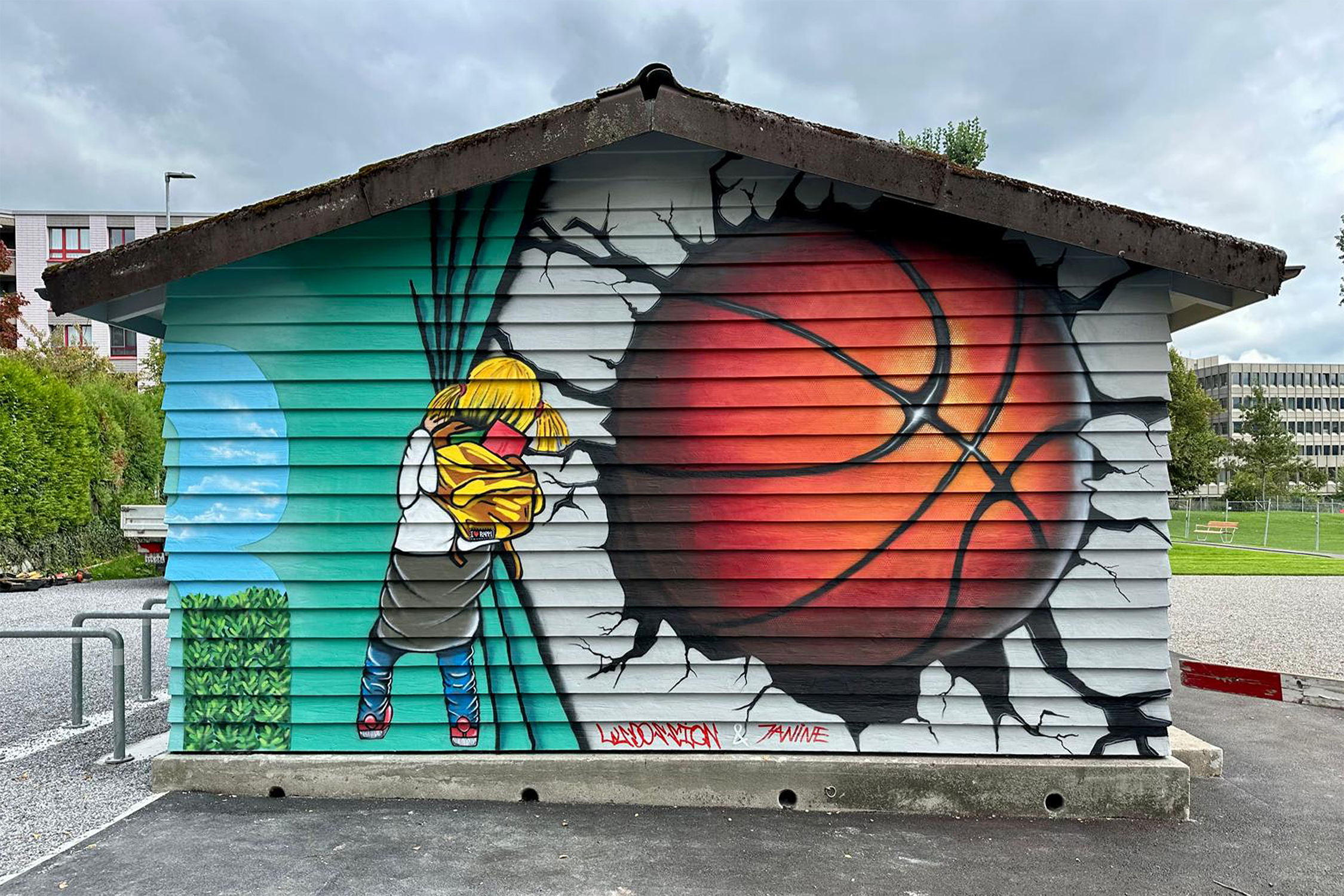 Dramatic side wall showing a child opening a curtain toward a giant basketball bursting through the facade.